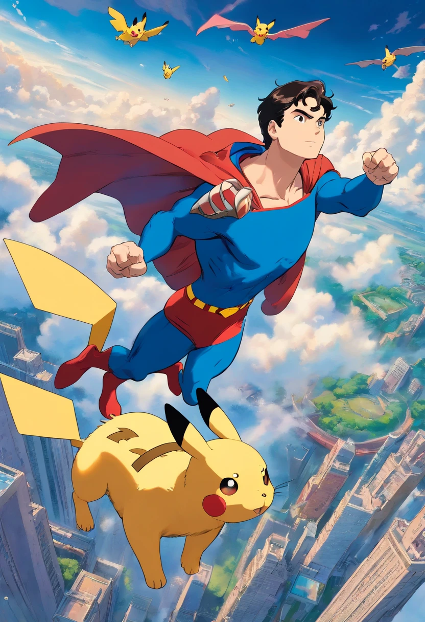 Superman, flying with Pikachu in the sky
