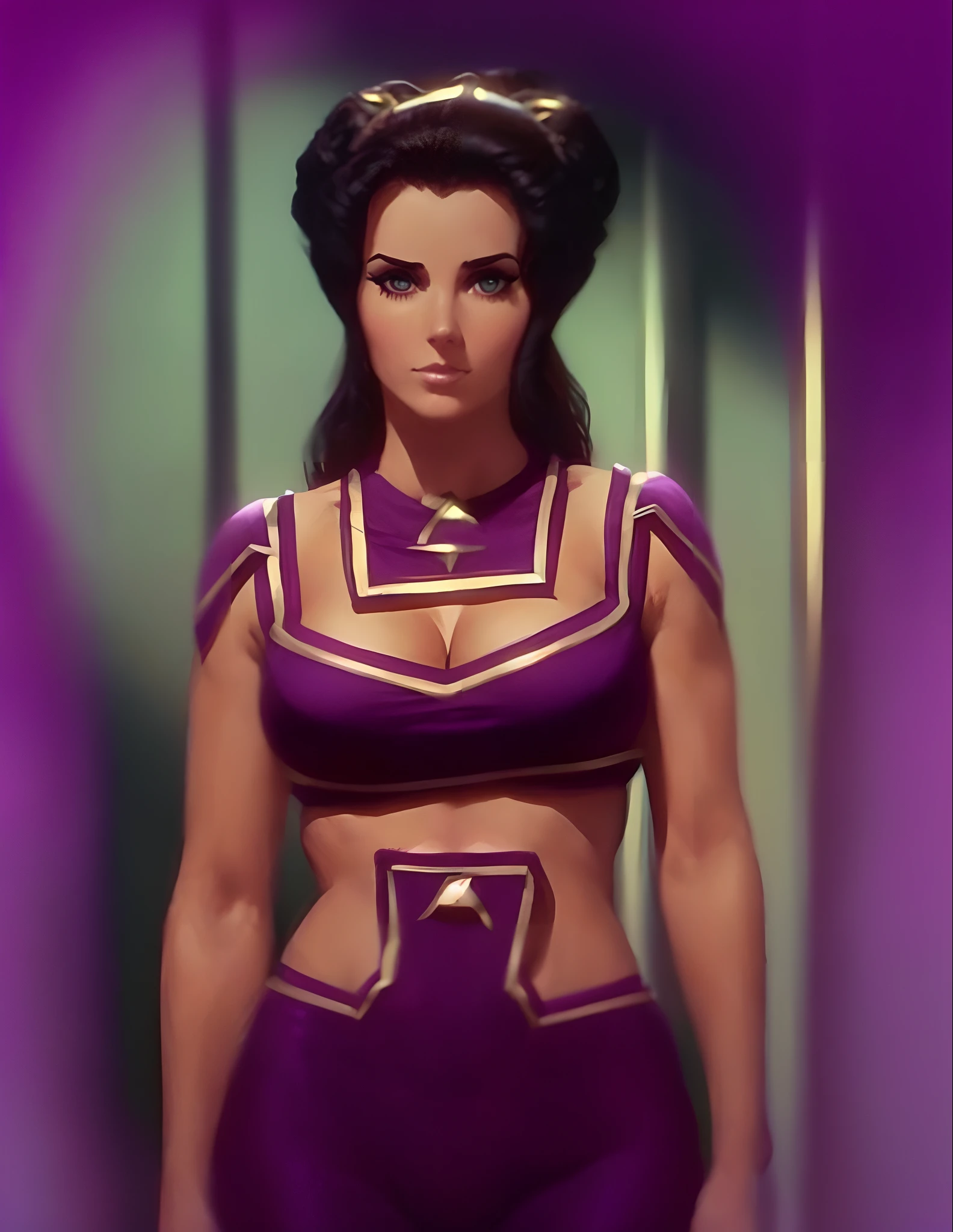 (Young nubile playboy playmate Lee Meriwether), (libido Lee Meriwether), as Star Trek character Losira, as Star Trek Original Series character Losira, sultry, seductive & temptuous, pale skin, dark hair, lithe bodacious body, (big elaborately coiffed hair with large side rolls), (wearing purple genie harem clothing, very obvious camel toe, very obvious underboobs, in star trek the original series, (4K, 8K, best resolution), cinematic, hyper-detailed, hyper-sharp, hyper-realistic, symmetrical, "100% anatomically correct", octane render