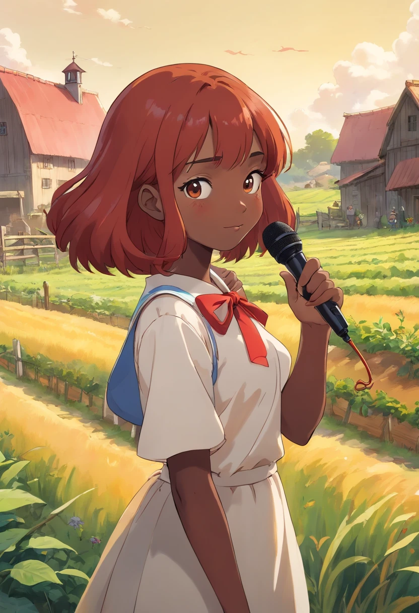 Cute and beautiful darkskin girl with ginger red hair holding a mic. bust photo. Farm land and tools in background