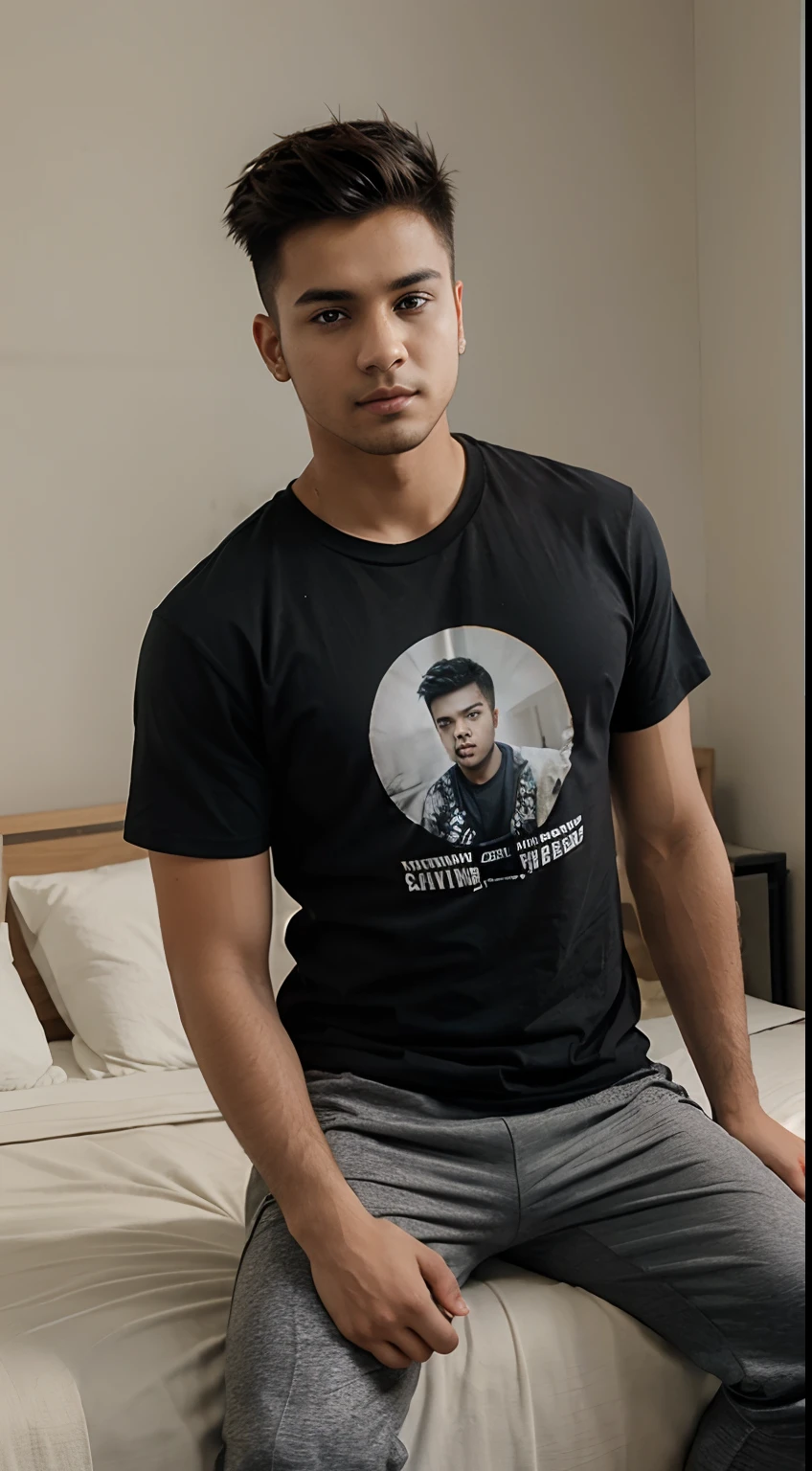 A young handsome guy with short spiky hair Show full body wearing tshirt full pant in indian house alone siting on bed