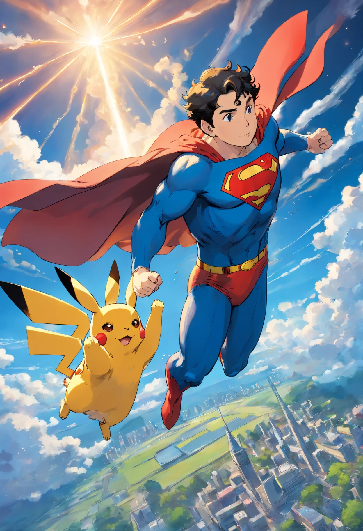 Superman, flying with Pikachu in the sky