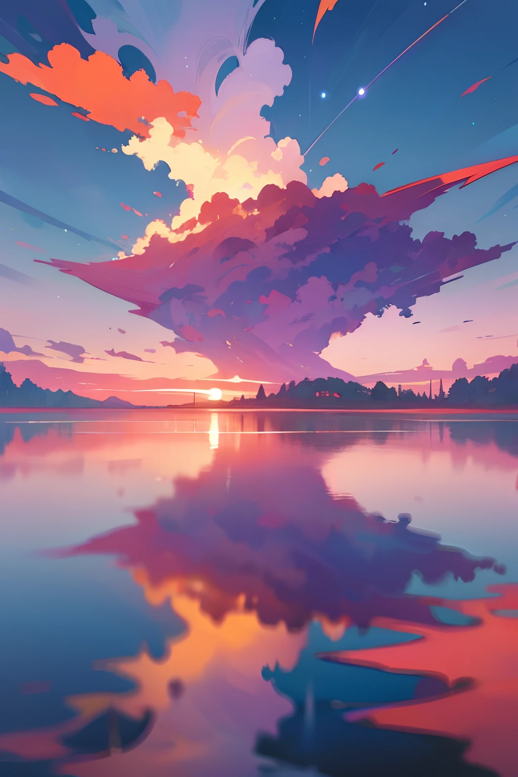 A surreal masterpiece,It presents a beautiful and spectacular view of dusk。Lakes and trees form the background,Accompanied by colorful sunsets and fantastic sky reflections。The beautiful sky blends in with the color of the lake,It's like a flame。This 8K picture creates a fantastic atmosphere,Colorful clouds are suspended in it,Create surreal visual experiences,Ultra-clear 8K,Hyper-detailing