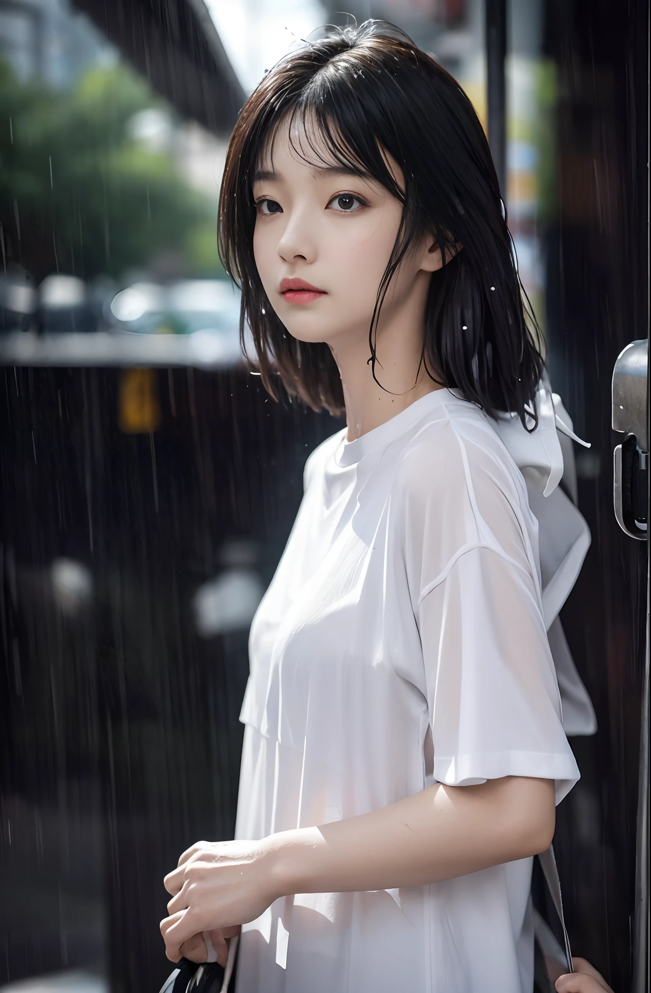 Young woman standing in heavy rain、On the skin of a young woman in a wet white t-shirt sticking to her rain-soaked skin、Rain sticks very much、skin is wet、Face wet in the rain、water dripping、Hair wet in the rain、water dripping、Rain-soaked arms、Young woman with wet hands in rain、Weather in the rain、photographed:Araki Shigenobu, Rain with cool black and white t-shirt design and serial experience Japan teenage girl, Text Says: 「September 21」, typographic「September 21」で、Place glue on the sides and bottom of the square screen. , high detailing, 8K, on tokyo street, high details, FUJIFILM New RX、Detailed skin、