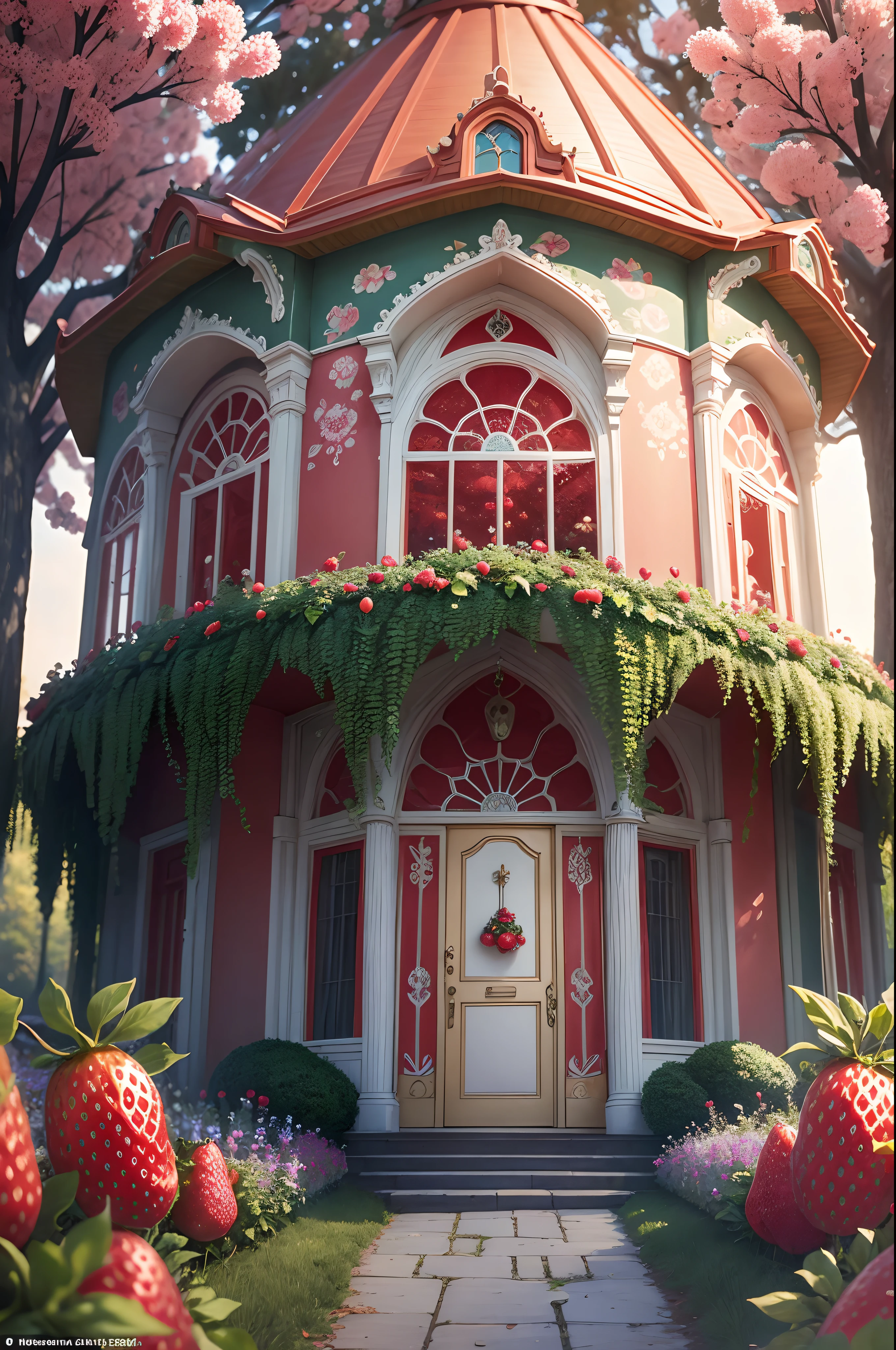 Masterpiece, top quality, best quality, official art, beautiful and aesthetic:1.2, extreme detailed, (fractal art:1.3) Nestled amidst a lush orchard, the Strawberry House stands as a whimsical fruit-inspired dwelling. Its walls are adorned with vibrant strawberry motifs, and the aroma of ripe strawberries fills the air. As you step inside, you'll find rooms with berry-themed decor, and the sweet scent of strawberries infuses every corner of this enchanting home