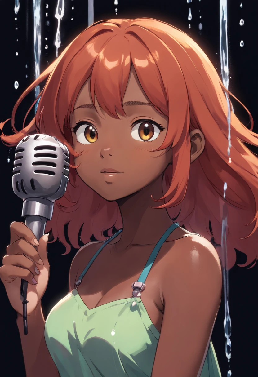 Cute and beautiful darkskin girl with ginger red hair holding a mic a shower head on top. bust photo. black background
