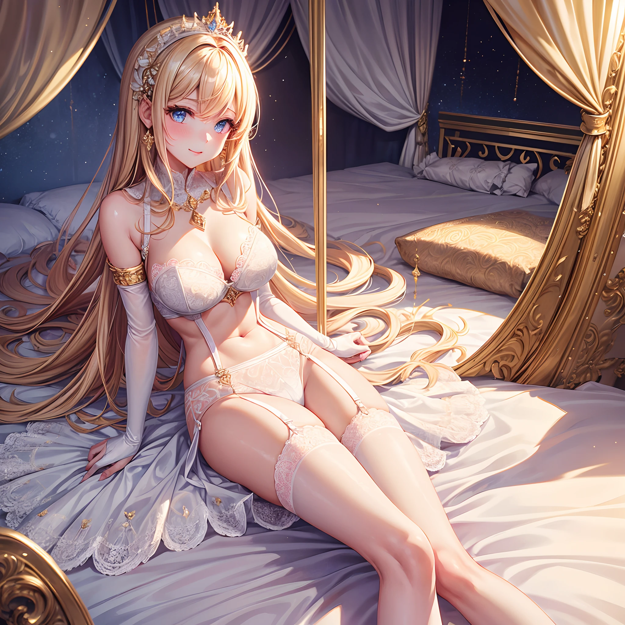 A gorgeous golden castle，Luxurious pink princess bed，By bangs，ssmile，Blue eyes，Long white and silky hair，White waist-cinching bandeau wedding dress，White lace stockings，Diamond crystal heels，Wearing white lace gloves，exposed bare shoulders，diamonds earrings，Detail enhancement。Slim hands，perfect hand，Diamond-encrusted manicure，best qualtiy，detail-rich，Bra suspenders，Golden ratio figure，Thin waist，Elongated straight legs，Wearing white lace stockings，get down on the bed，Right shoulders，Charming，Perfect image quality。
