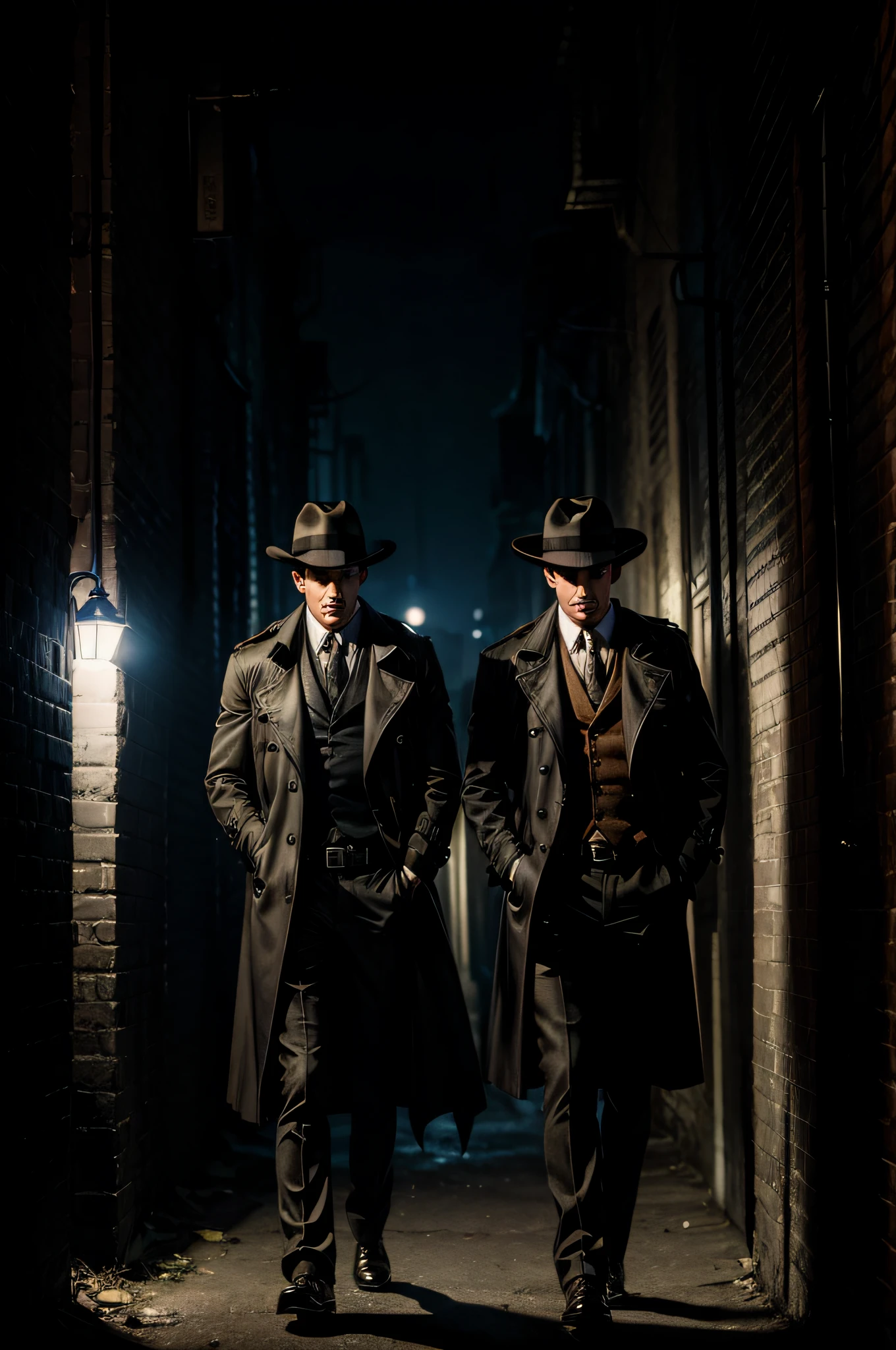 A gritty, film noir-style FBI investigation, with dimly lit alleyways, fedoras, and trench coats, and a mysterious suspect lurking in the shadows.
