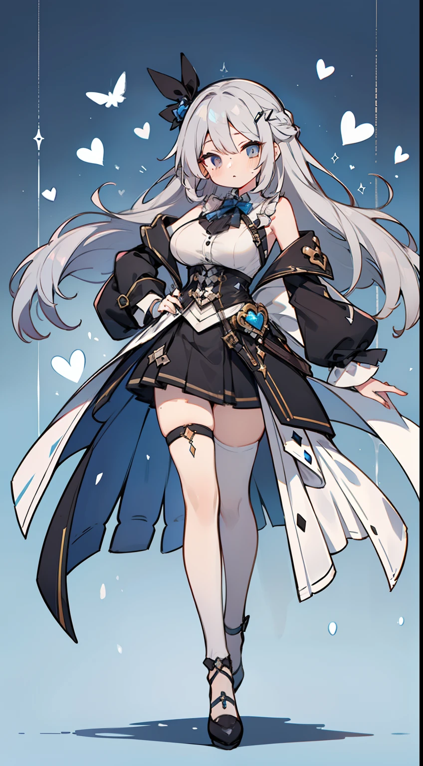 1girl in, fullllbody, Character Design, (((Light gray hair)), Super unique hairstyles,  ((Eyes are blue)),  (Sauce order), ((White hairpin)), (Mole under the left eye), Long bangs, Eyes are hearts, Brainwashed, large full breasts, High quality, 痴女, Magic Makeover, Sexy Phantom Thief Suit in Black, Black High Heels, Wide Shot, Detailed background of the prison