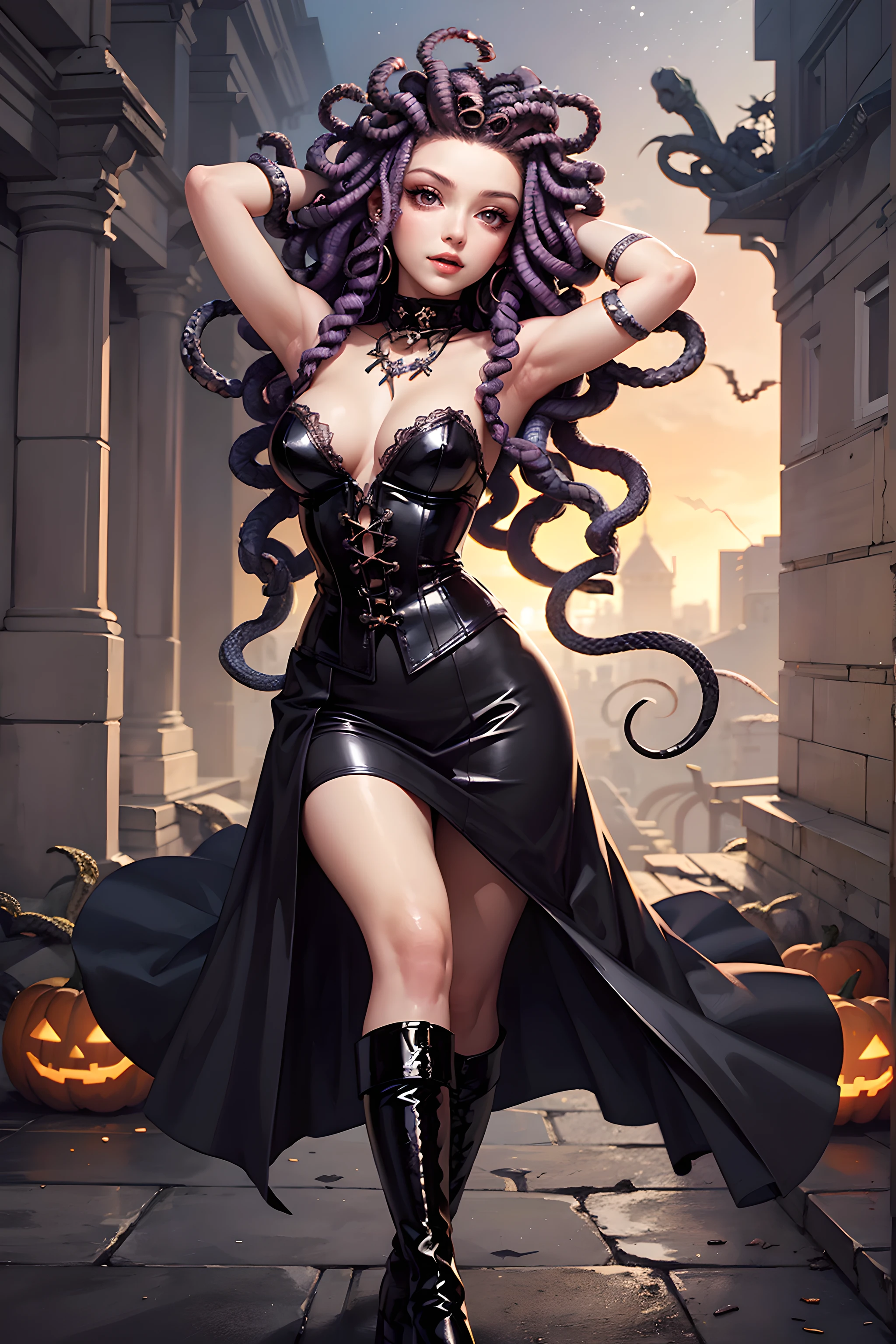 (halloween theme:1.2), (magical academy:1.2), (fantasy:1.2), (magic:1.2), monster girls, long hair, snakes, gorgon, snake hair, BREAK, Beautiful illustration, top-quality, (cute Russian medusa girl, white people:1.3, Caucasian:1.3), having medusa features, (medusa:1.5), BREAK, (medusa hair:1.5), (snake hair:1.3), (hair is composed of countless small snakes:1.3), (pink eyes, pale skin:1.1), (beautiful, 20 years old:1.5), slim, slender, (small-medium breasts), clean face:1.3, BREAK, (black elegant full lacy dress), (latex corset), (black latex stockings), (knee-high-over-boots, pin-hells), (insanely detailed clothes), BREAK, (arms up behind head:1.5), (charmed:1.5), heart pink eyes, lovely thighs, (looking straight at the viewer:1.3), (view viewer:1.3), top angle, (((magical academy background:1.5))),