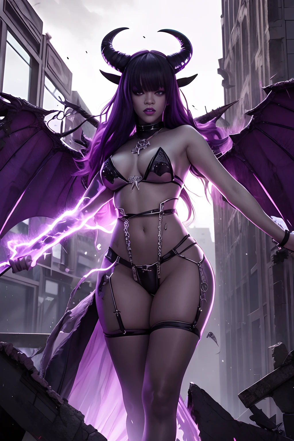 Rihanna hyper-giant, Hyper-powerful demon with two demon horns on his head and demon wings, Purple lightning fire on a building and shatters buildings , ville en ruine post apocalyptique,