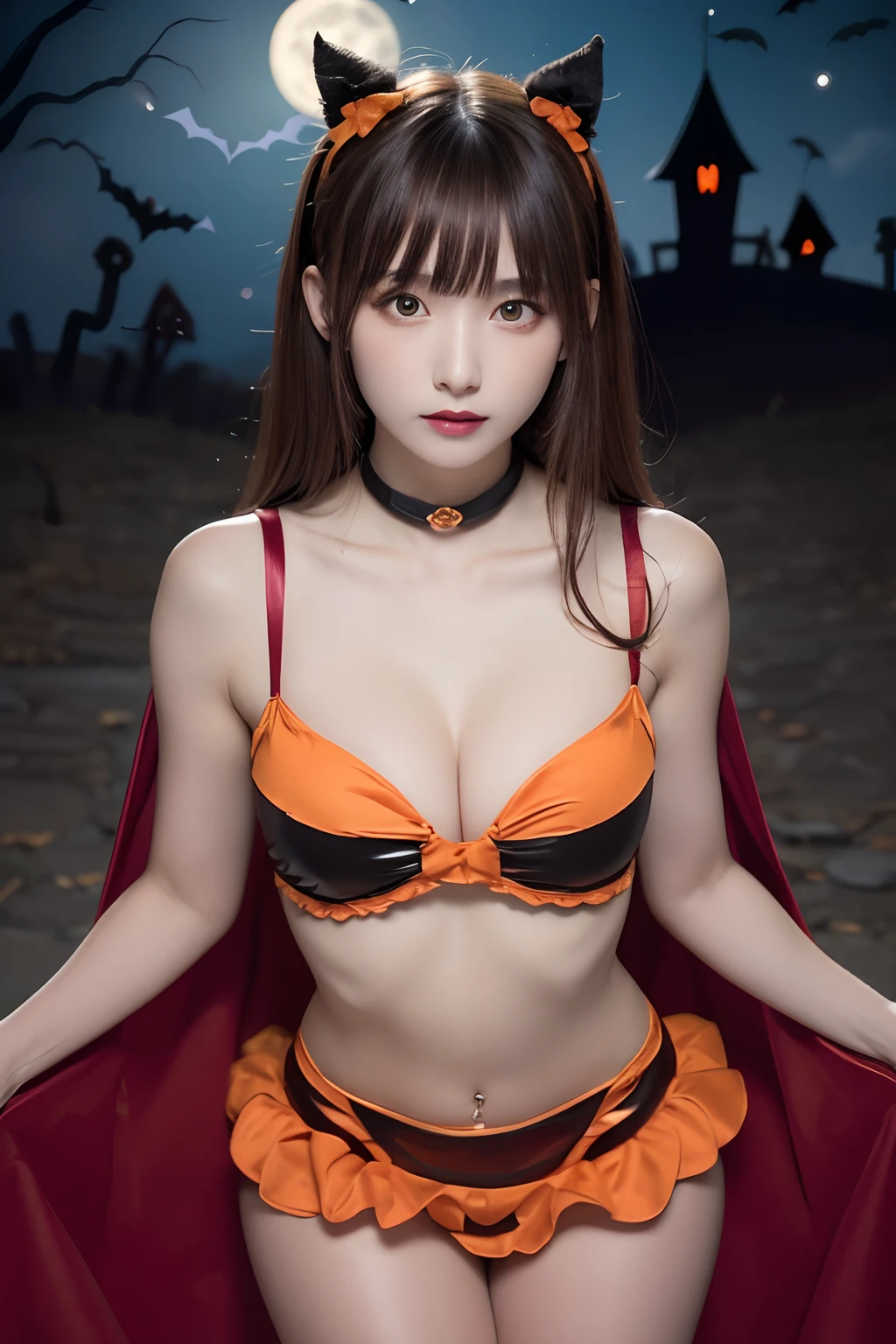masutepiece, Best Quality, One girl, (Beautiful Girl:1.3), (18 years old:1.3), Very fine eye definition, (Symmetrical eyes:1.3), Big yellow full moon, (Sexy Halloween Costumes, Beautiful collarbone:1.2), Beautiful breasts, Brown eyes, Parted bangs, Brown hair, Petite girl, Dracula's Castle