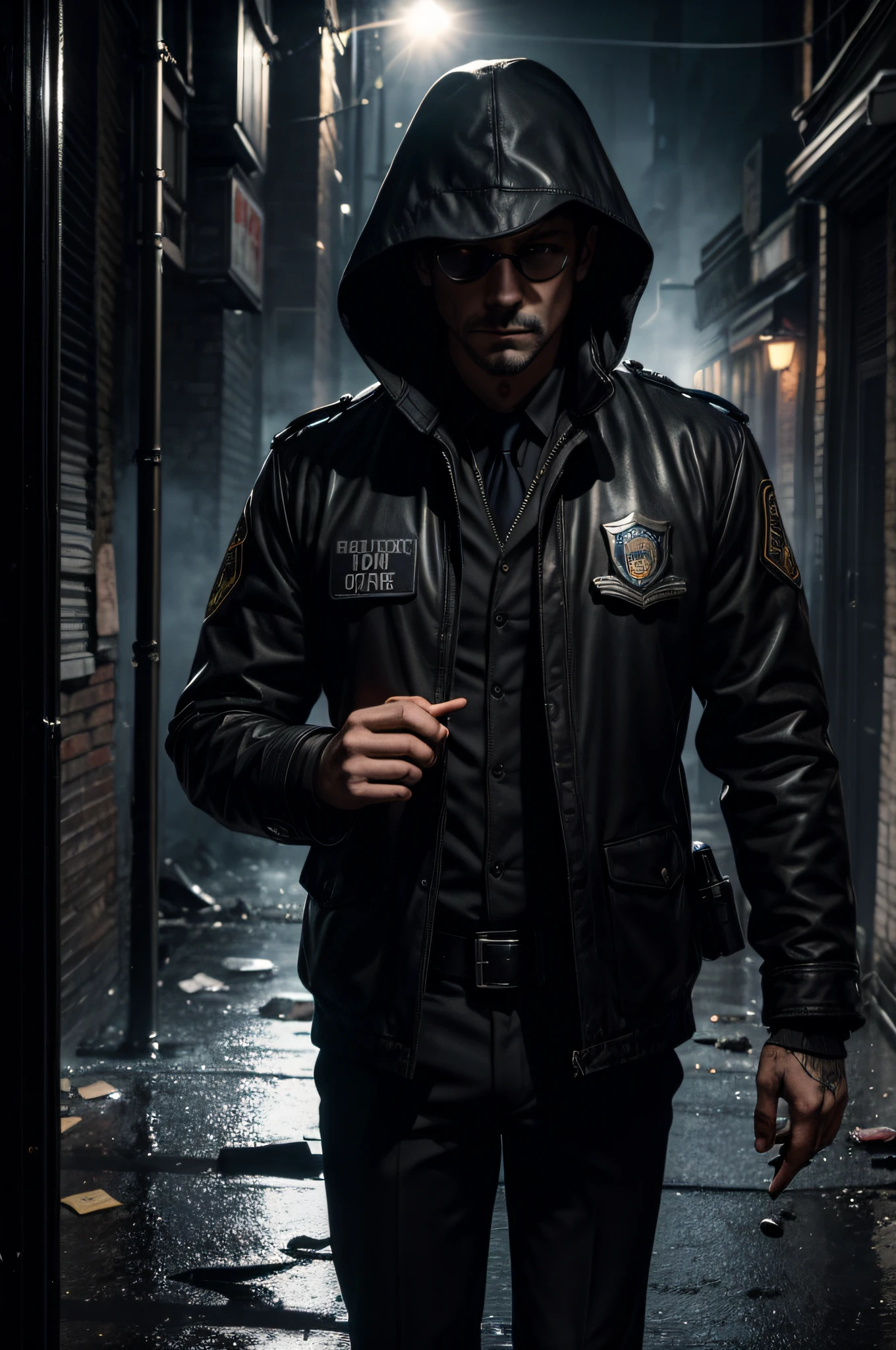 (highres:1.2,UHD),(best quality,realistic:1.37),gritty,film noir-style,FBI investigation,dimly lit alleyways,hooded streetlights,misty atmosphere,twisting shadows,old brick walls,tangled cobblestone streets,rainy nights,slick cobblestone roads in the rain,echoing footsteps,fedoras,trench coats,police badge shining in the darkness,mysterious suspect lurking in the shadows,hidden clues,tense and suspenseful,detective smoking a cigarette,stained glass windows,flickering neon signs,paper flyers fluttering in the wind,abandoned warehouses,hidden doors and secret passages,detective's office with vintage typewriter and old photographs,intricate crime map on the wall,film noir-inspired dialogues and voice-over narration,dark figures lurking in the background,lens flare and dramatic lighting effects,stark black and white contrast,ominous music playing in the background,intense close-ups on facial expressions of suspicion and intrigue,shattered glass shards on the ground,crime scene tape cordoning off areas,police sirens wailing in the distance,dramatic camera angles,slow-motion scenes capturing intense moments,dusty files and evidence boxes,coffee-stained notepads and scribbled notes,smoky jazz bar in a back alley,shadowy figures whispering in hushed tones,reflection of the city skyline on rain-soaked pavement,conversation taking place in a hidden speakeasy,gunshots echoing through empty streets,shotgun shells scattered on the ground,phone booth with flickering light,connecting calls with confidential informants,gritty dialogues filled with cryptic codes and secret messages,final confrontation in an abandoned theater,curtain rises as the truth is revealed.
