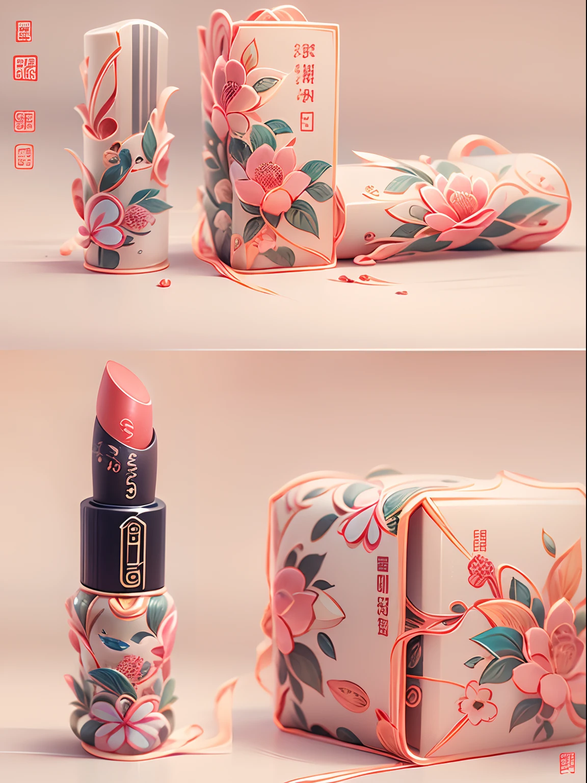 packaging design,(Lipstick packaging),(PET material:1:2),China-style,Traditional Chinese patterns,florals,trending on artstation