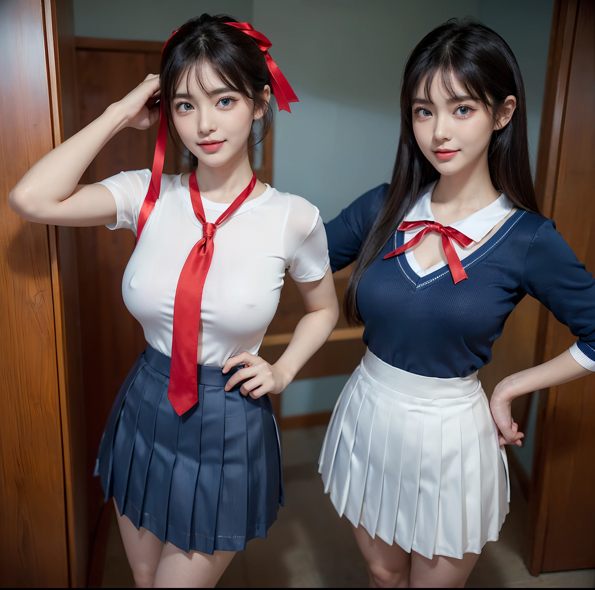 top-quality, 4K picture quality, masterpiece, (Professional lighting without shadows), A hyper-realistic, (perfect anatomia), Two girls, (Proudly stand in front of the camera、With a girl showing off a ribbon tie, The other girl on the other side is bending over、I'm sticking my butt out towards the camera:1.2), ( with perfect body、Huge breasts:1.2), Bright and even whitening skin without wrinkles and steps, (bright beautiful blue eyes with long eyelashes and red tear bags,,,、Reflects a lot of light:1.2)、 Half-up hair with bangs, (Her outfit is、Dress up tight fit cramped schoolgirl uniform with super short super mini pleated skirt:1.3), (Intricate design around the neck and crimson ribbon tie、Proudly showing off from the front), (Another girl on the other side、To beautifully emphasize the proud ultra mini pleated skirt、Show off a pose that exposes your buttocks from directly behind:1.4), (Beautiful face squinting in dazzling light), (He smiles, as if his eyes are half closed:1.2), Plump red teardrop bag,