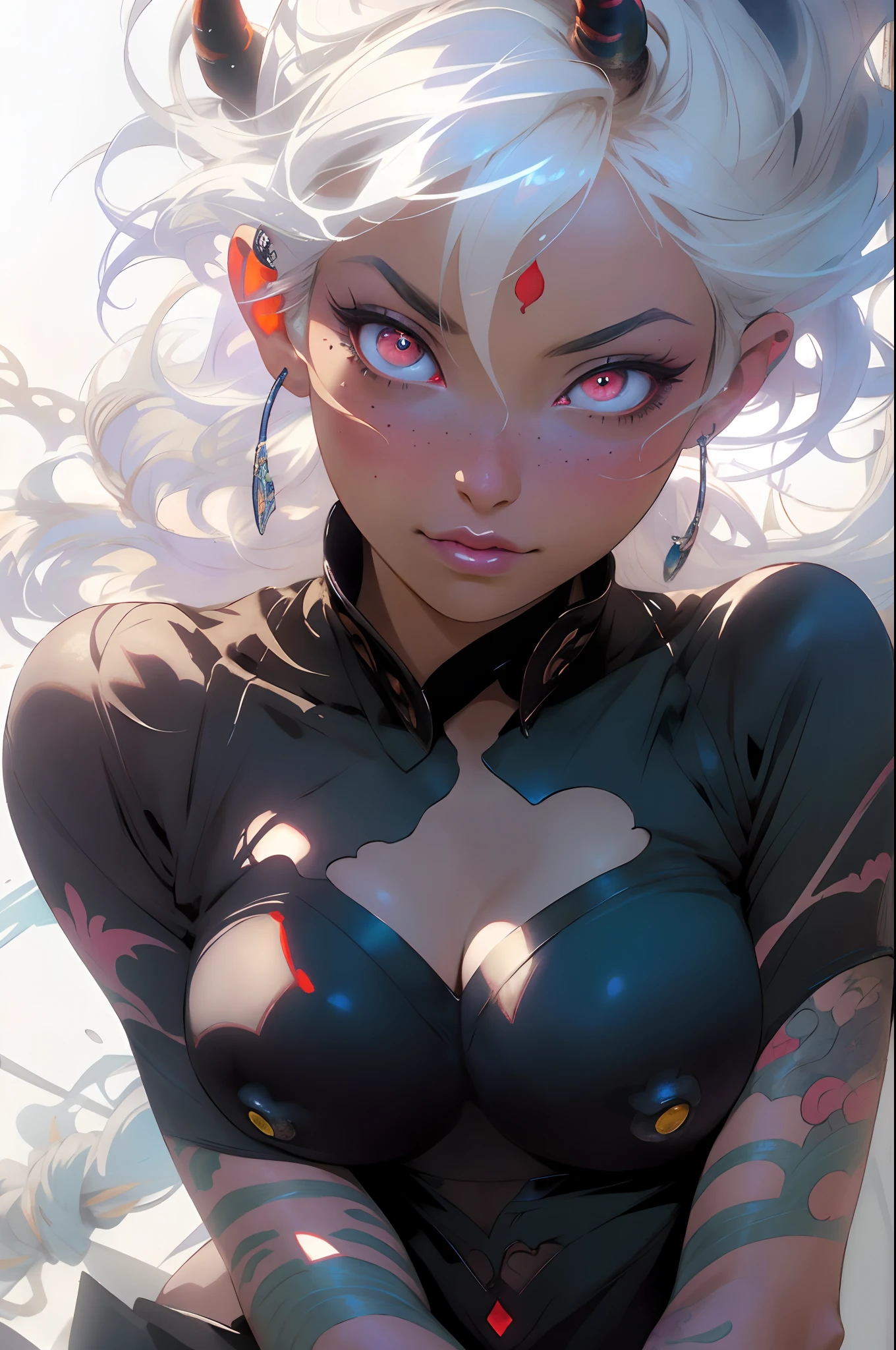 The most beautiful and sexy demon goddess, platinum colored hair, oni horns, vibrant red eyes, long detailed eyelashes, huge enormously gigantic tits, cleavage showing, wearing the most beautiful highly detailed kimono, tons of tattoos and piercings, melancholy lighting, quiet, calm, brightness, masterpiece, best quality, 1man, (JinxLol:1.2), (ultra photorealistic:1.3), (masterpiece:1.4), best quality, ((realistic)), high quality, ultra detailed, ((real image)), ((realistic skin)), ((realistic face)),(illustration:1.05), (beautiful:1.05), (beautiful detailed eyes:1.05), (cinematic light:1.1), light blue highlights, full body, cherry blossoms blowing in the wind, post apocalyptic background