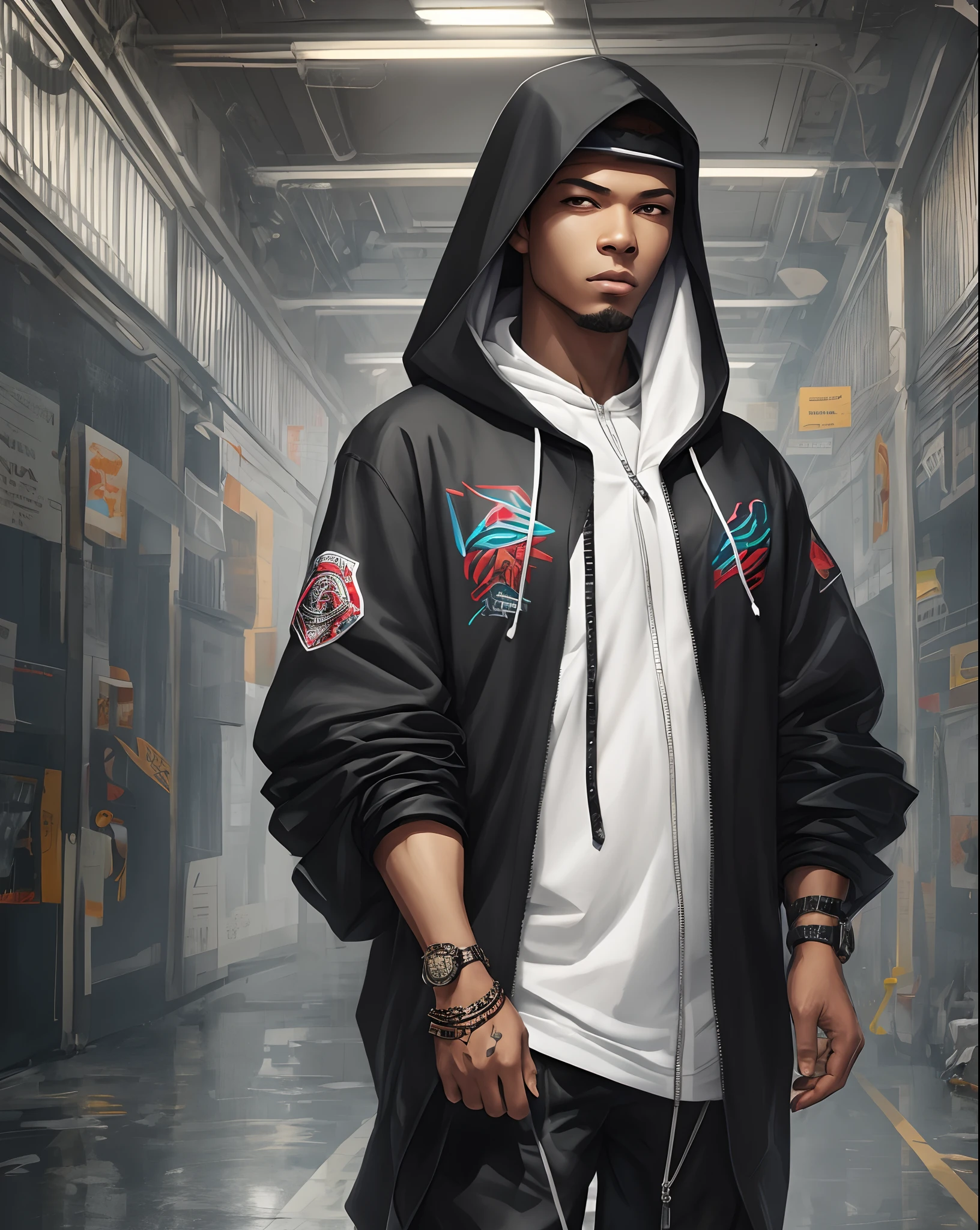a man dressed in black standing in fashion show, trending on Artstation, afrofuturism, hooded cloaks, artwork in the style of guweiz, wearing urban techwear, super exaggerated proportions, metal garments, with prison clothing, rossdraws 2. 0, trending on cgstation, wearing imperial gear, y3 --auto --s2