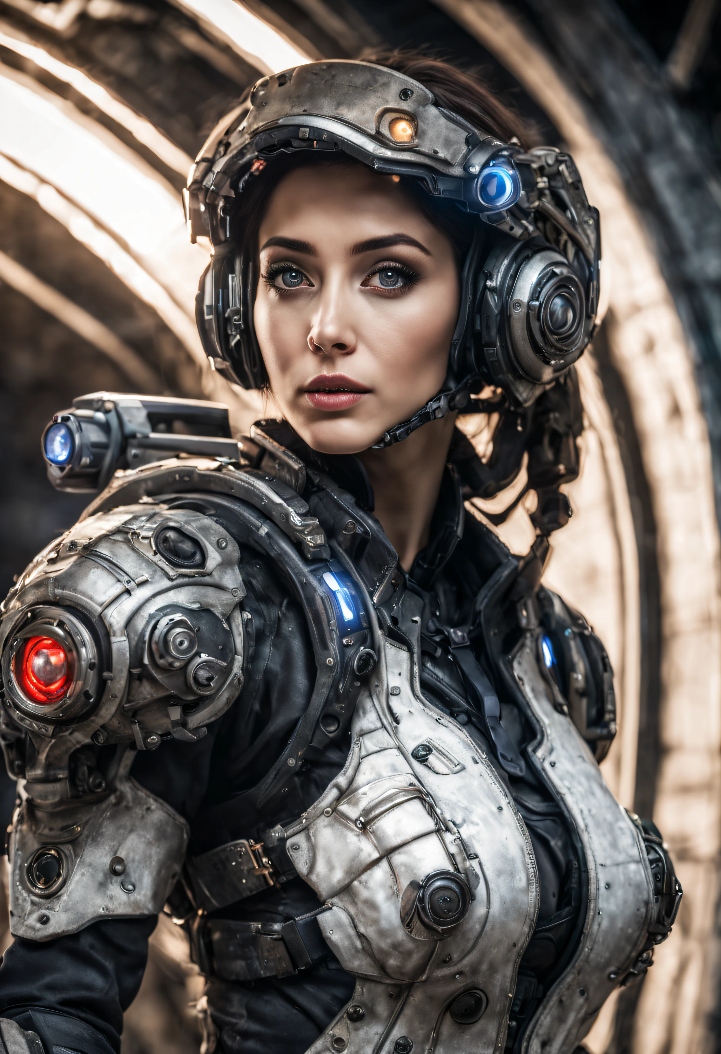 mujer alienigena extraterrestre, considerada como una de las razas mas bellas de la galaxia, con una cara, ojos y labios sensuales, vestida con uniforme sexy de gears of war, se encuentra en centro de control de estacion espacial. hiperrealista, imagen nitida, 8k.