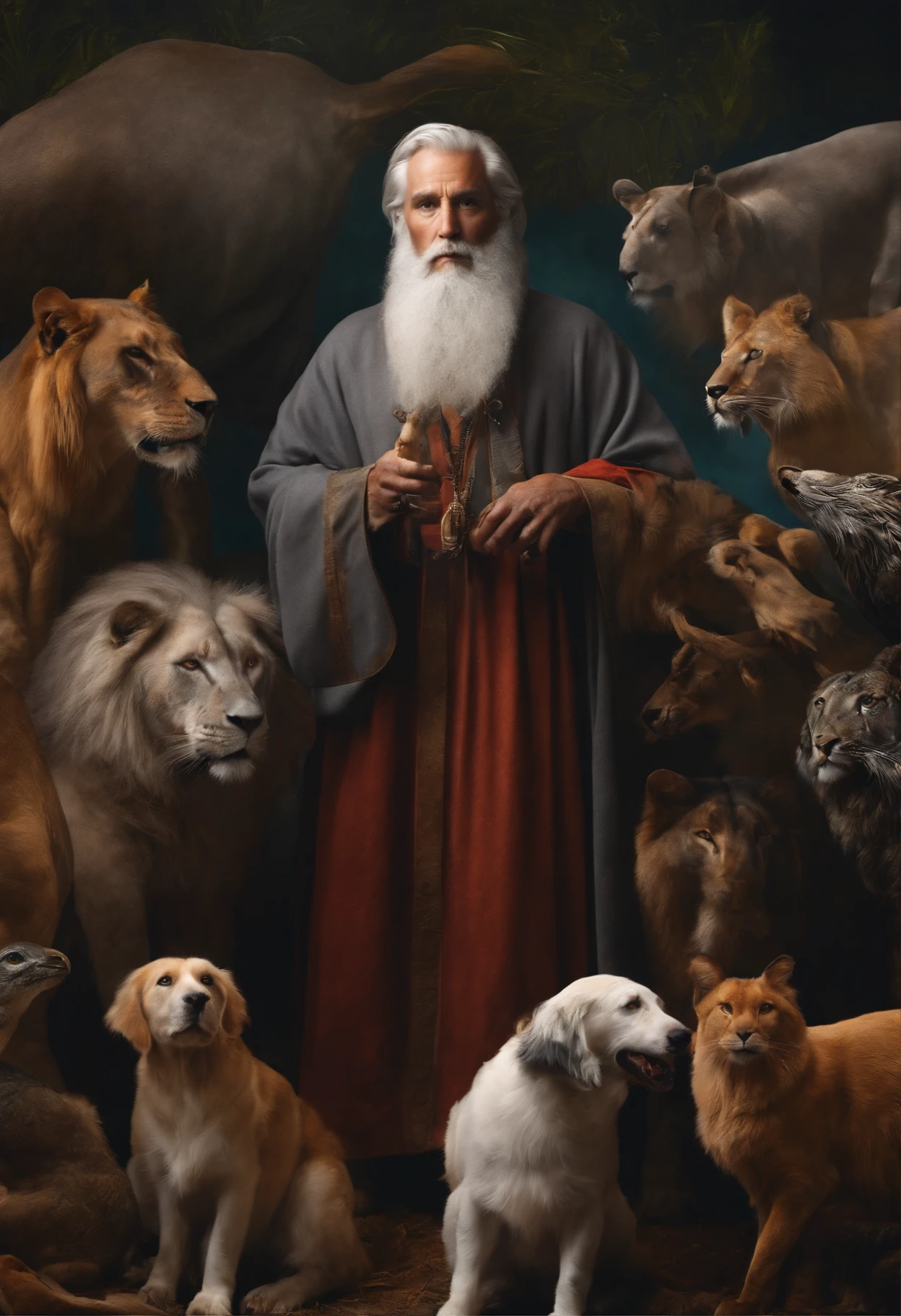 Very religious gray-haired man with various animals around him
