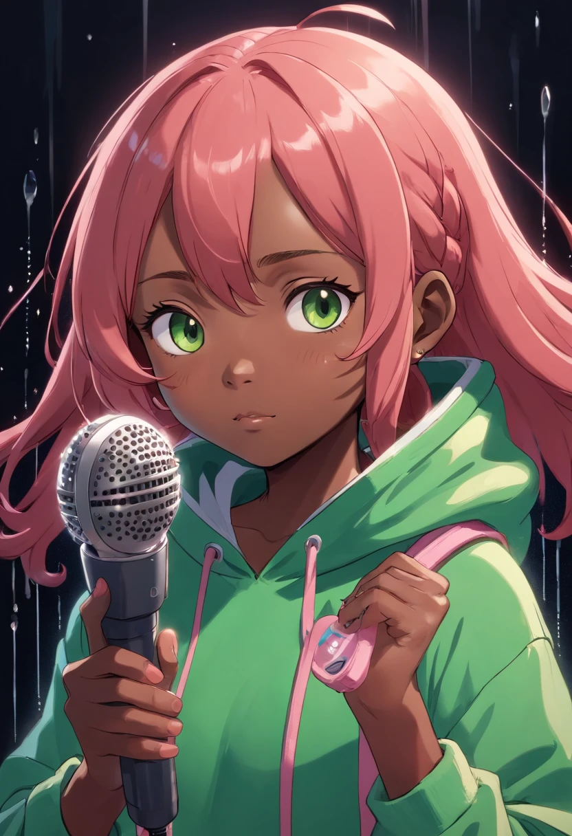 Cute and beautiful darkskin girl with ginger red hair and a green hoodie on holding a pink microphone a shower head on top. bust photo. black background