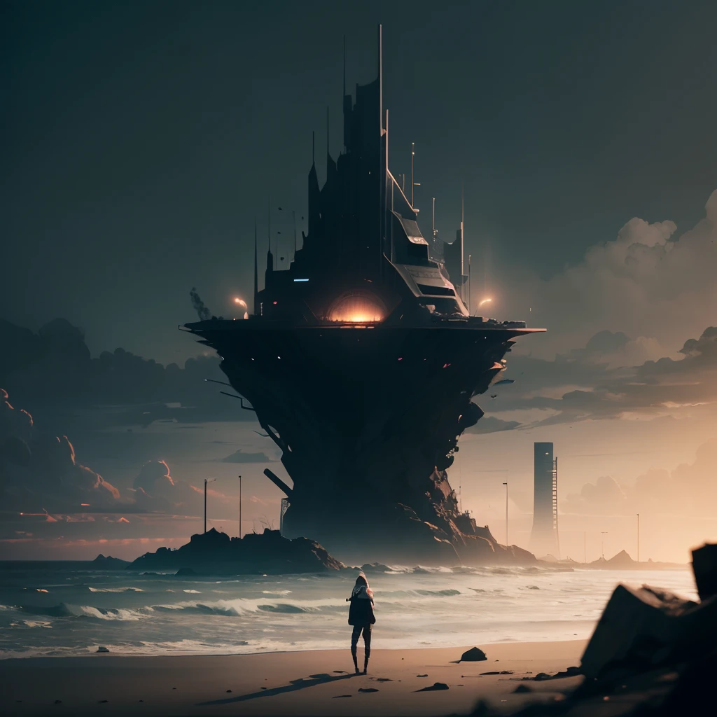 danganronpa style. beach .start of next story's chapter, scary , mysterious .dimly lit. modern yet futuristic structures .isolated. kidnapped teenagers . abstract . sharp . asymmetrical . detailed texture . inkish anime style . desolate . Long Shot . Eye Level Shot . --auto