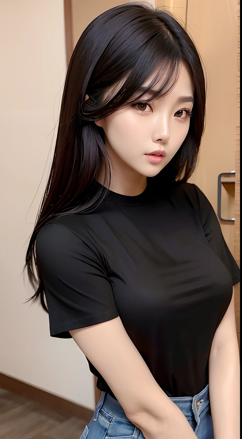 a close up of a woman in a black top and jeans, beautiful south korean woman, gorgeous young korean woman, beautiful young korean woman, korean girl, korean woman, beautiful asian girl, korean women's fashion model, gorgeous chinese model, cute korean actress, heonhwa choe, beautiful asian woman, female actress from korea, with short hair