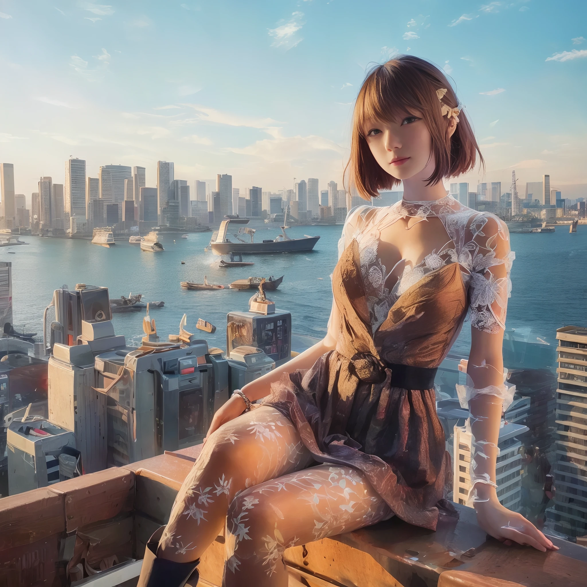 Photograph of the cityscape of Tokyo with Tokyo Bay in the background. Two figures are sitting on the wall of a skyscraper near the bay, Ships of different eras sail far away. One is a Japan female college student wearing Chanel, The other is、She is a translucent AI goddess in a designer dress, Her background seen through her body. Countless words float around her like augmented reality. The warm morning light of a beautiful spring day illuminates