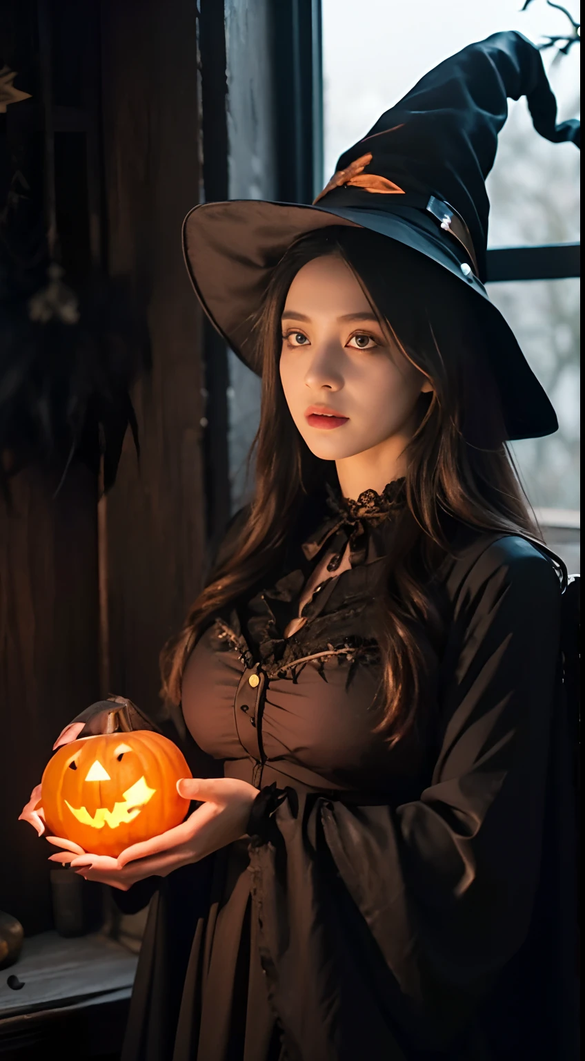 One Girl,(Sexy Lace Witch Costume:1.2),House with spooky Halloween decorations,Super detailed,Realistic:1.2,Sharp focus,Vibrant colors,Studio Lighting,Horror,Portraiture,Mysterious atmosphere,Luminous pumpkin,Creepy spider,Witch Hat,Scary masks,Haunted Furniture,Dark and eerie shadows,Moonlight shining through the window,Ghost Appearance,Witch's broom,Foggy atmosphere,Witch's Cauldron,Bats flying in the background,Walls covered with cobwebs,Magic Spellbook,Orange and black color scheme,The eyes of a mysterious girl piercing through the darkness,Mix 4, whole body, Big Breasts