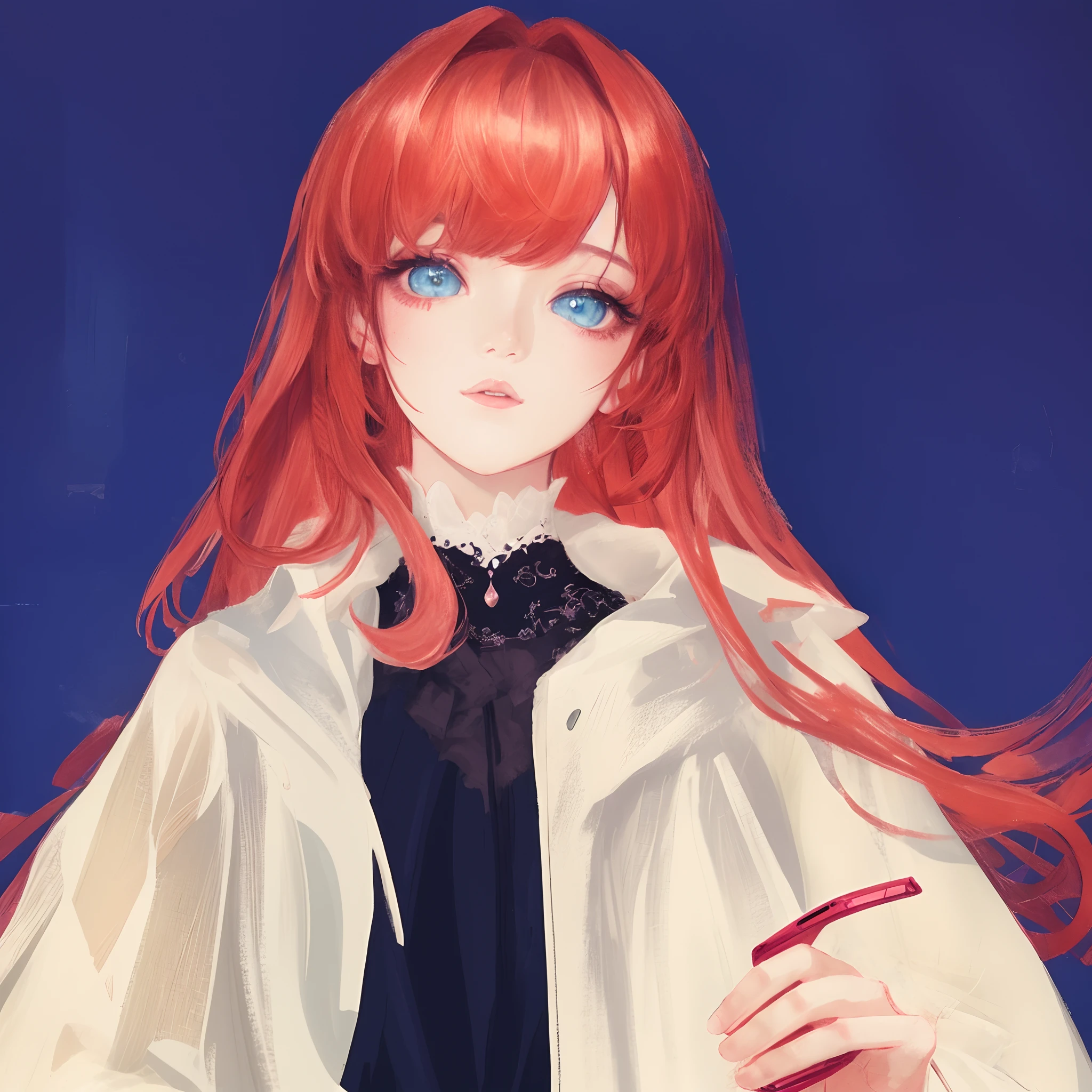 Anime girl with red hair and blue eyes holding a mobile phone, a beautiful anime portrait, portrait anime girl, drawn in anime painter studio, made with anime painter studio, Digital art on Pixiv, Portrait of an anime girl, Anime style portrait, Digital anime art, beautiful anime art style, zerochan art, realistic anime artstyle, portrait of an anime girl
