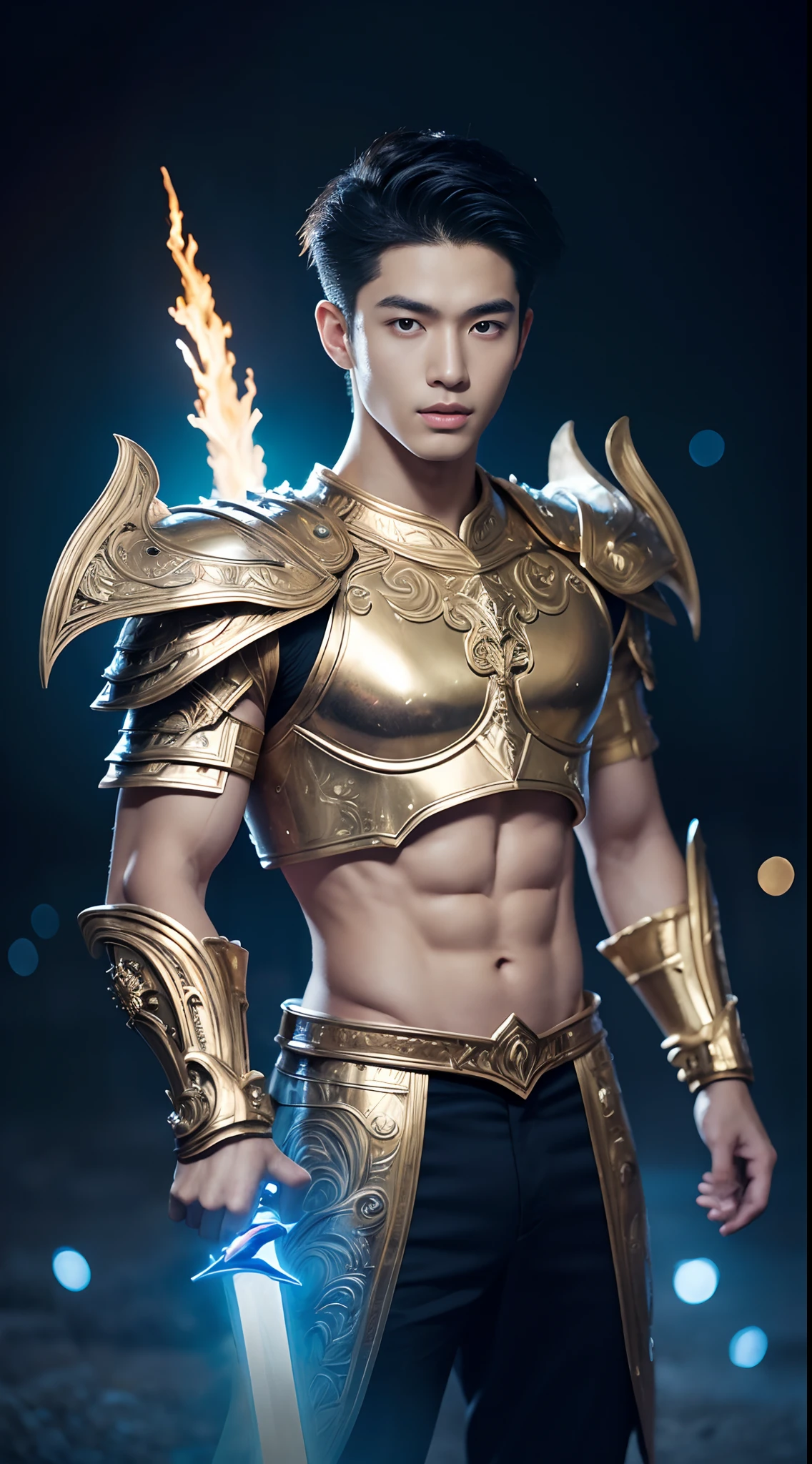 A asian boy like Mighty Archangel Michael, 19 years old, handsome, Full Body Shoot, (eyes contact), detailed facial parts, Manly, a little six packs attractive body and Quiff haircut :: high detail, is in highly detailed battle armor, holding a detailed flaming blue sword of golden pearls, detailed fingers, a flaming sacred aura radiating from his body, stylish model pose, moon background, surreal, fantasy, magical, intricate details, depth of field. Best quality, masterpiece, ultra high resolution, (anime realism, photorealistic: 1.4), perfect composition, centered, symmetry