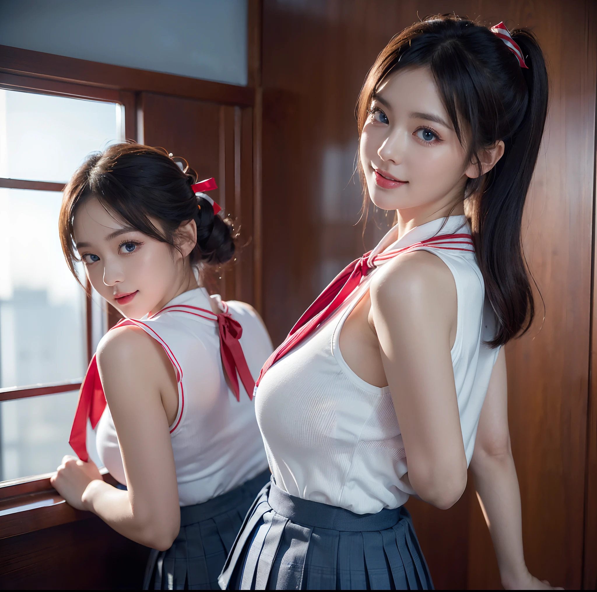 top-quality, 4K picture quality, masterpiece, (Professional lighting without shadows), A hyper-realistic, (perfect anatomia), Two girls, (Proudly stand in front of the camera、With a girl showing off a ribbon tie, The other girl on the other side is bending over、I'm sticking my butt out towards the camera:1.2), ( with perfect body、Huge breasts:1.2), Bright and even whitening skin without wrinkles and steps, (bright beautiful blue eyes with long eyelashes and red tear bags,,,、Reflects a lot of light:1.2)、 Half-up hair with bangs, (Her outfit is、Dress up tight fit cramped schoolgirl uniform with super short super mini pleated skirt:1.3), (Intricate design around the neck and crimson ribbon tie、Proudly showing off from the front), (Another girl on the other side、To beautifully emphasize the proud ultra mini pleated skirt、Show off a pose that exposes your buttocks from directly behind:1.4), (Beautiful face squinting in dazzling light), (He smiles, as if his eyes are half closed:1.2), Plump red teardrop bag,