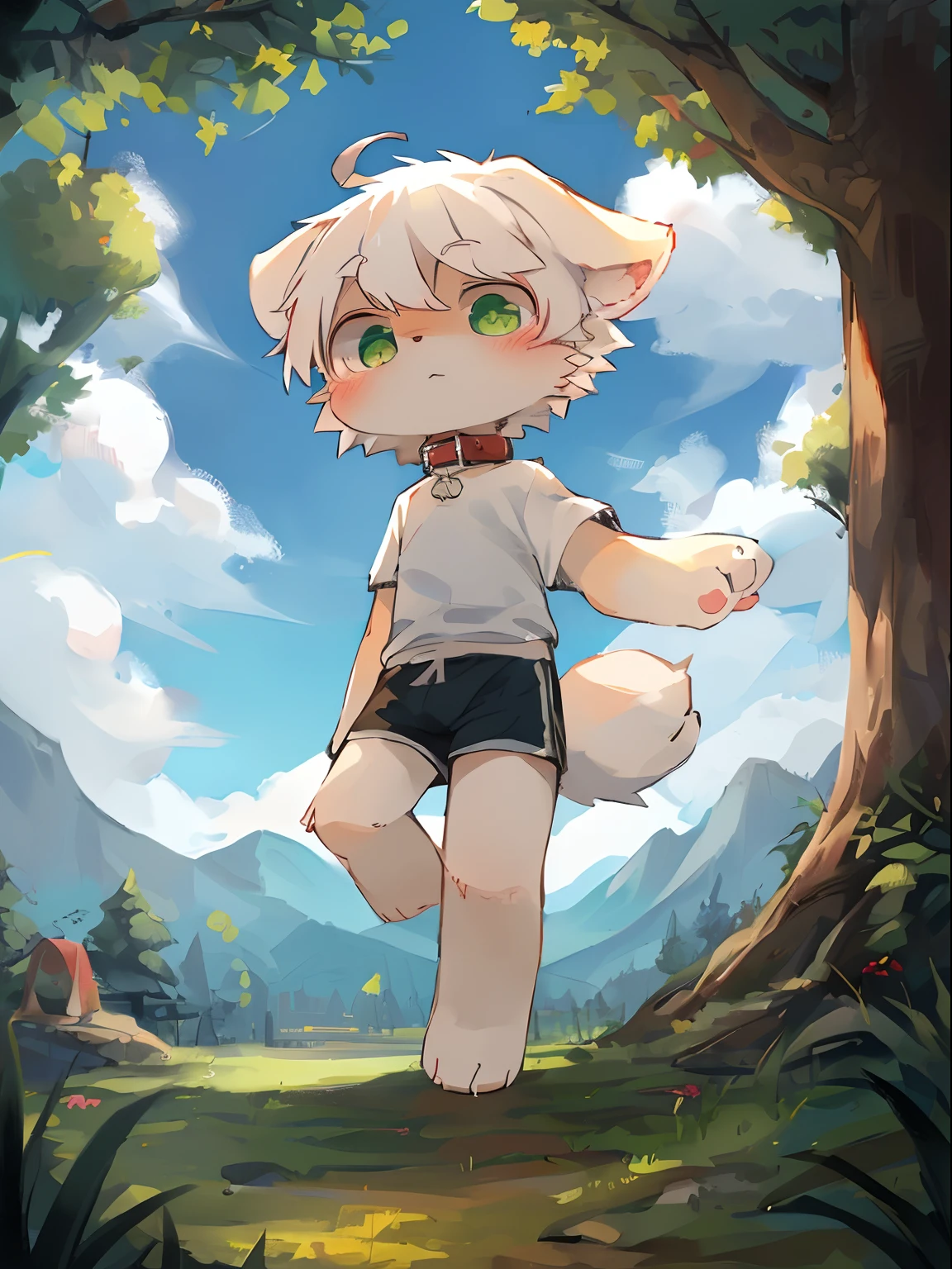 masutepiece, High quality, Absurd resolution, Digital Painting \ (The artwork \), By Dagasi, yupa, Kiyosan, (fluffy fur, White fur, Full body fur,), male ,独奏, Green eyes, White hair,Black shorts,white gym uniform, Bare legged, Bright eyes, the panorama, Character Focus. Detailed background, cloud background, in woods,(Pet Collar, short white sleeves: 1.2)