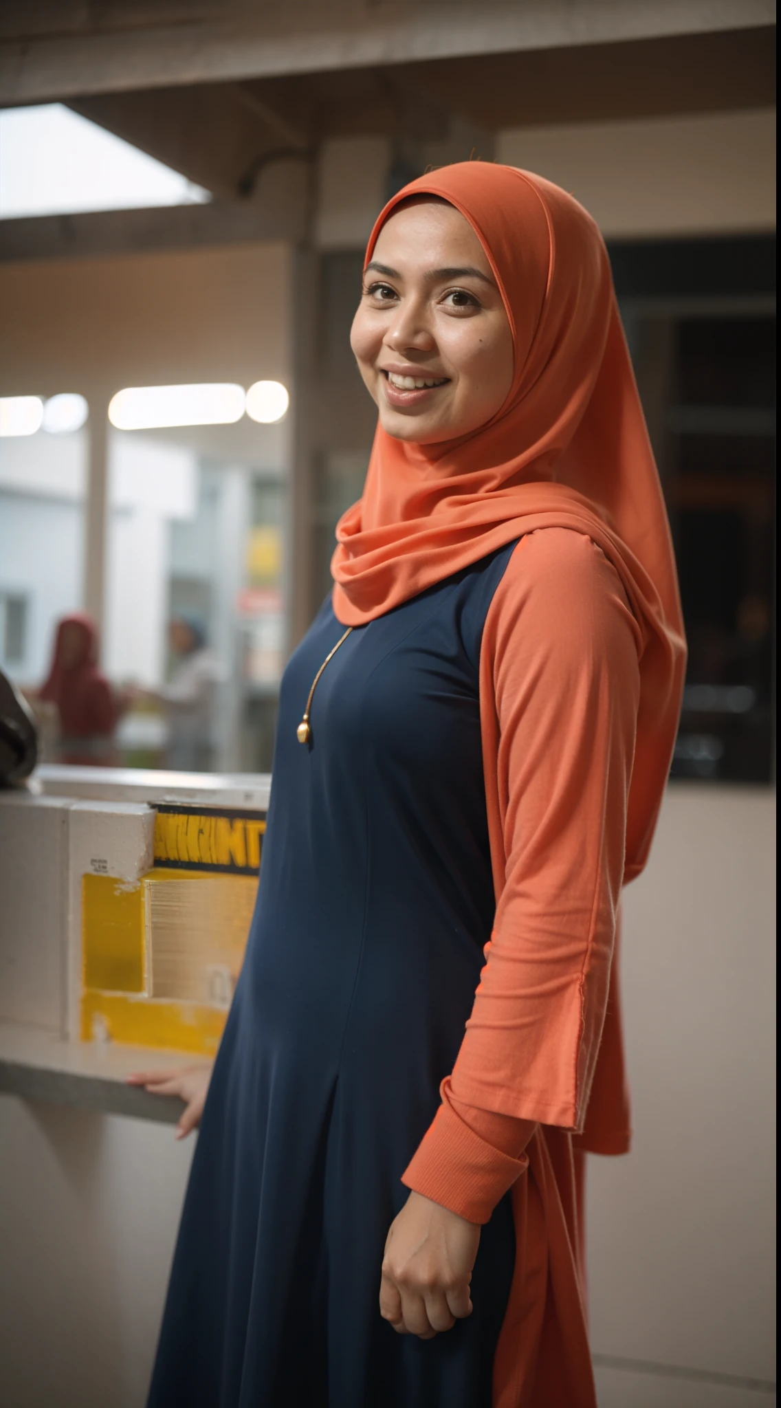 Malay girl in hijab wear plain baju kurung malaysia in college, wear back pack, front view, detail skin, detail skin texture, mole below eyes, small breast, big hip, big waist, big thigh, slim abs, beautiful body, nighttime, laughing, happy, bright lighting, college student in background, crowded college, blur background, bokeh, Super 8mm, Low angle shot, bright color grading, depth of field, western,