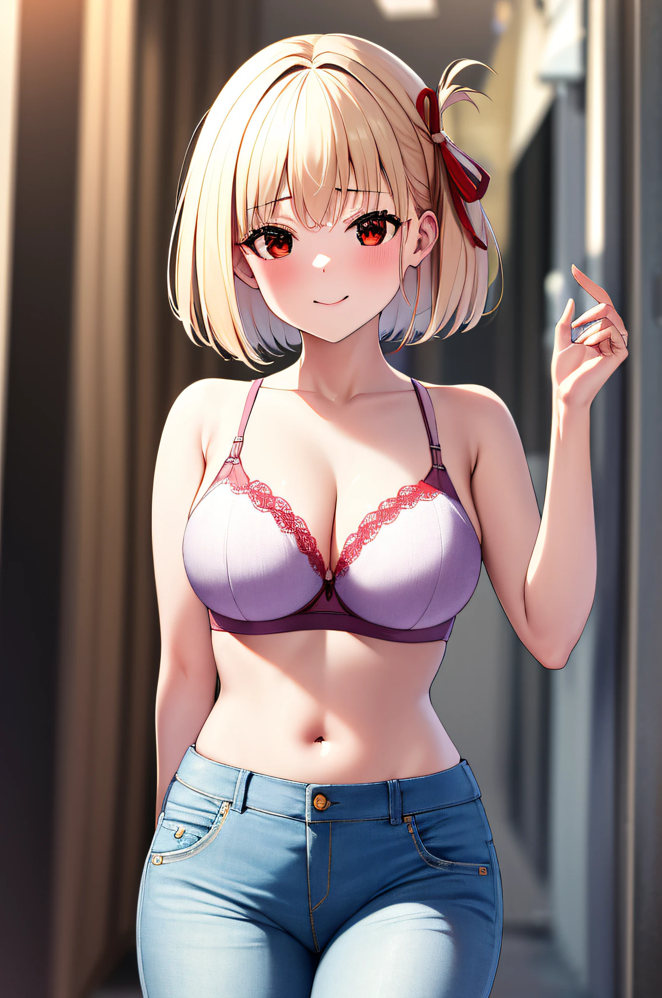 masterpiece, best quality, highres, best quality, highres, 1girl, nishikigi chisato, short hair, bangs, blonde hair, (red eyes:1.5), hair ribbon, one side up, bob cut, strong pose, smile,tight jeans, white bra, walking in streets, modern fashion,NSFW,official art,extremely detailed CG unity 8k wallpaper, perfect lighting, (masterpiece:1.0),(best_quality:1.0), ultra high res,4K,ultra-detailed, photography, 8K, HDR, highres, absurdres:1.2, Kodak portra 400, film grain, blurry background, bokeh:1.2, lens flare, (vibrant_color:1.2),(beautiful_face:1.5),(narrow_waist),(perfect hands, perfect anatomy),