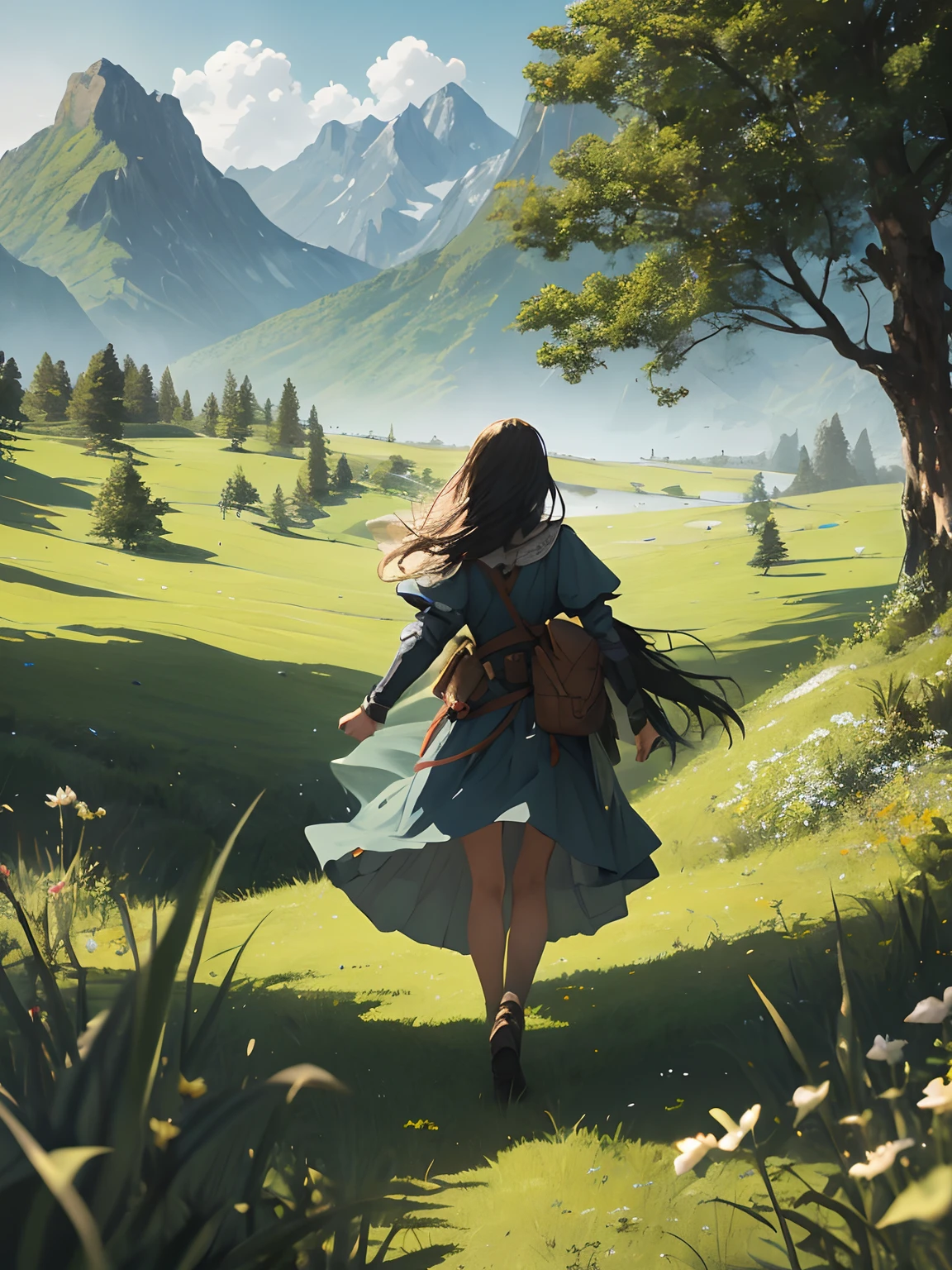 In a green meadow stands a girl leading a group of knights.
BREAK
With a brave expression, she guides them towards their destination.
BREAK
Behind her, a green forest stretches out and beyond that, mountains rise in the distance.
BREAK
The most suitable effect for this scene would be a watercolor painting technique to capture the softness of the meadow and the fluidity of the movement.