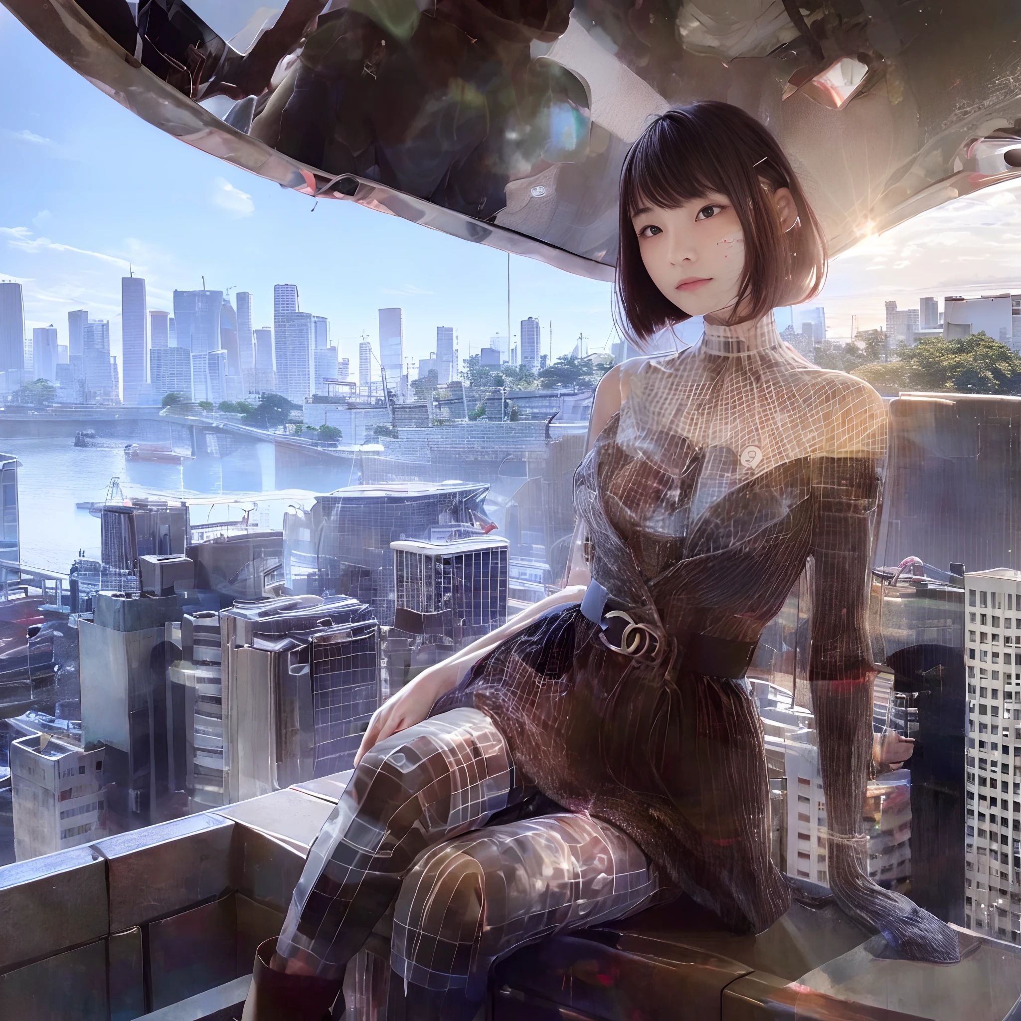 Photograph of the Tokyo cityscape with Tokyo Bay in the background. Two figures sit on the wall of a high-rise building near the bay, Ships of different eras sail far. One is a Japan female college student wearing Chanel, The other is、She is a translucent AI goddess in a designer dress, Her background seen through her body. Countless words float around her like augmented reality. The warm morning light of a beautiful spring day illuminates