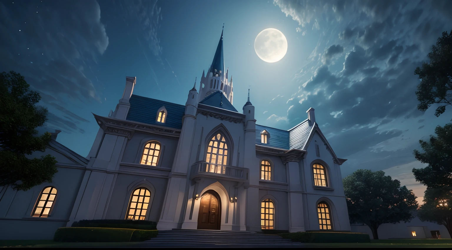 in front of Magical Academy, wide shot wide angled view from below, moonlight, photo, photorealistic