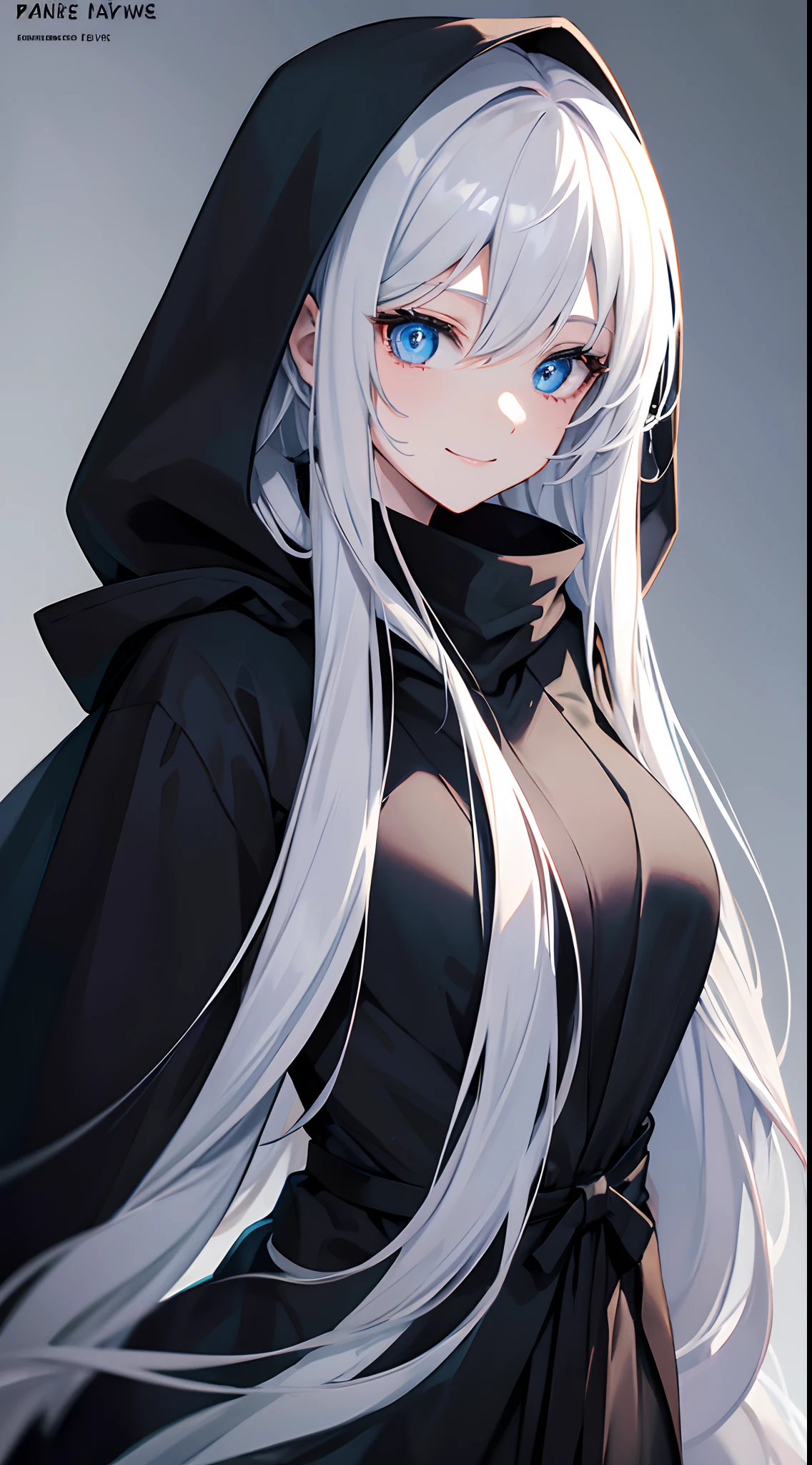 Cover magazine, anime. A young woman with long white hair and blue eyes. Wearing all black clothes. Wearing a long black robe and a hood covering her head. A mysterious impression. She was smiling brightly.