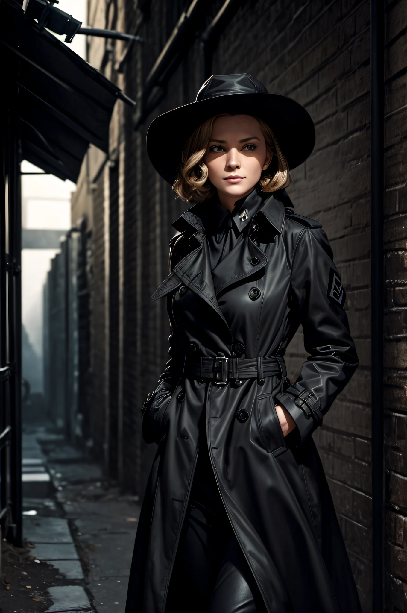 A mysterious woman in a dark alley, her trench coat billowing in the wind as she glances over her shoulder with a sly smile - a perfect film noir-style female Nazi spy.