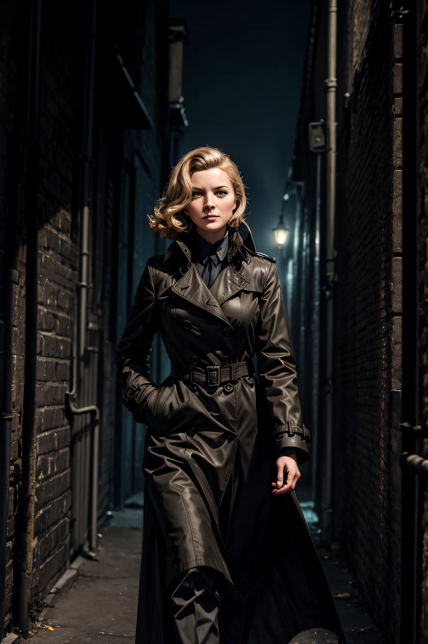 A mysterious woman in a dark alley, her trench coat billowing in the wind as she glances over her shoulder with a sly smile - a perfect film noir-style female Nazi spy.