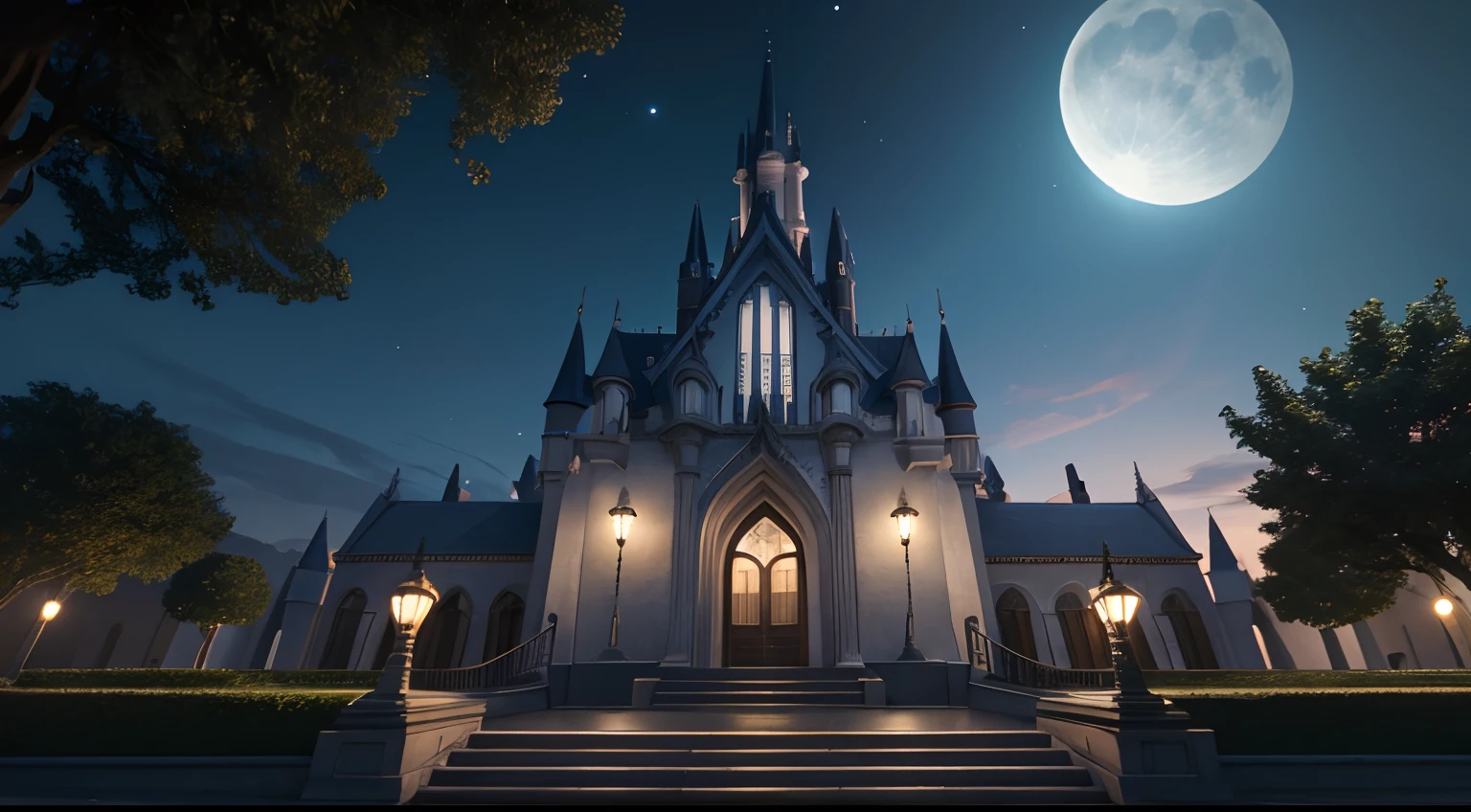 in front of Magical Academy, wide shot wide angled view from below, moonlight, photo, photorealistic