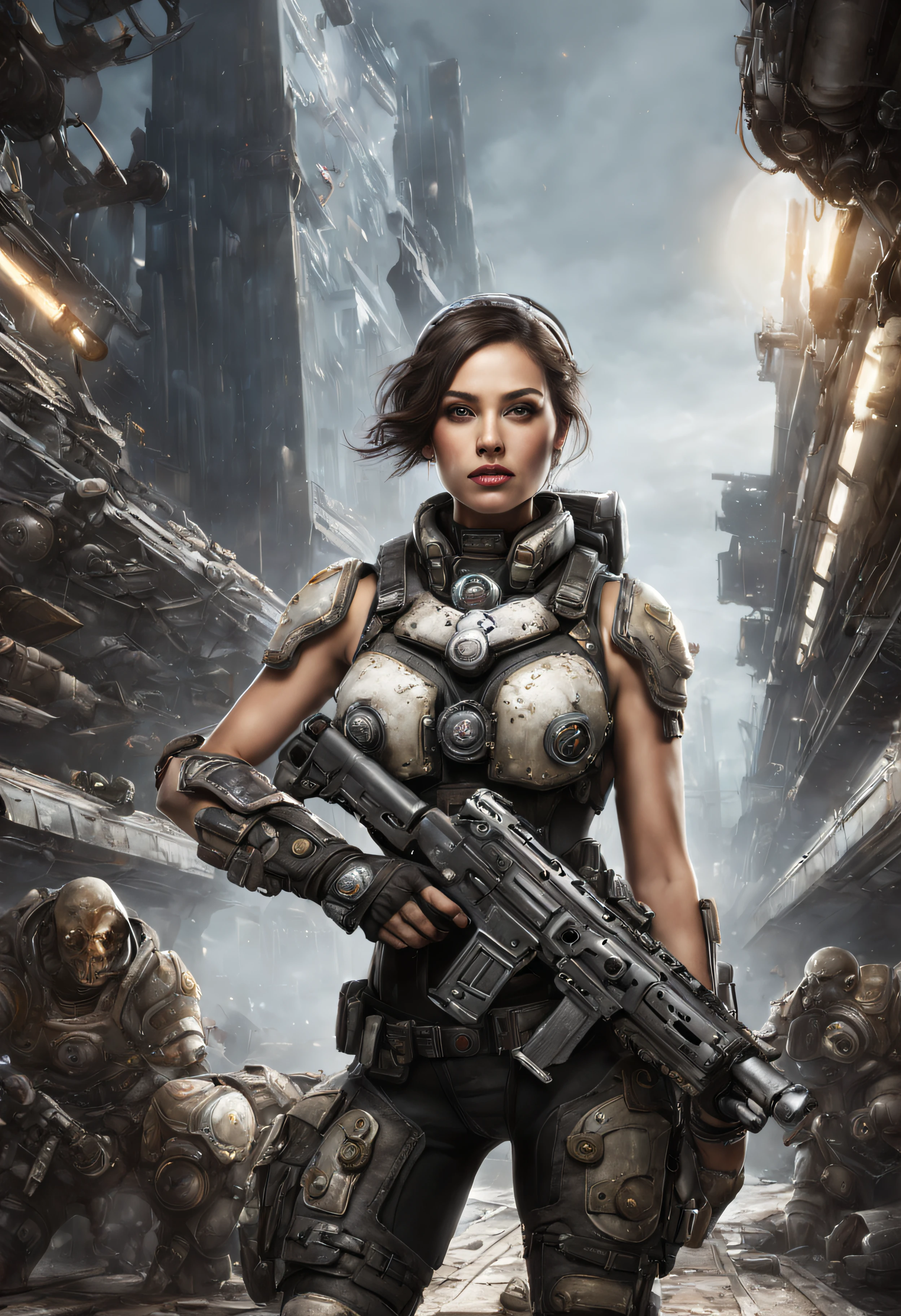 mujer alienigena extraterrestre, considerada como una de las razas mas bellas de la galaxia, con una cara, ojos y labios sensuales, vestida con uniforme sexy de gears of war, se encuentra en centro de control de estacion espacial. hiperrealista, imagen nitida, 8k.