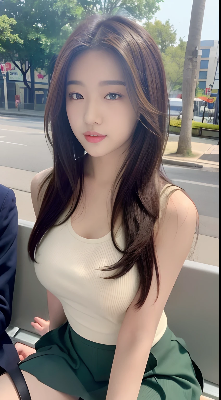 ((Best quality, 8K, yes, Masterpiece :1.3)), Sharp focus :1.2, perfect figure beautiful woman:1.4, Slim abs:1.2, ((Layered Hair Style, huge tit:1.2)), (Tank top shirt:1.1 ), (the street:1.2), Highly detailed facial and skin texture, A detailed eye, 二重まぶた， short  skirt，stewardess，Brown hair long，park bench，Skirt that wraps hips，Big breasts don't leak， High-definition facial features，8K
