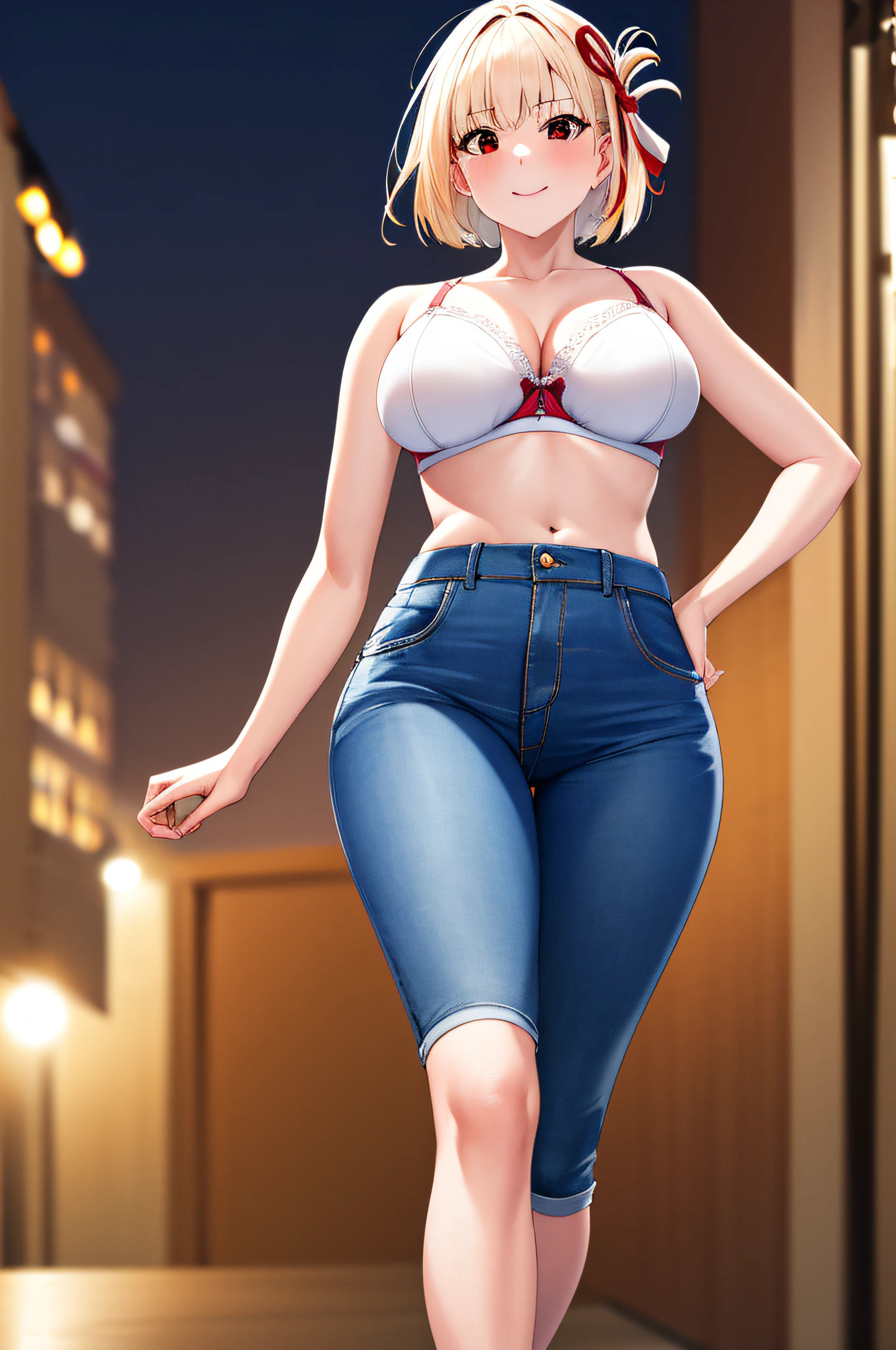 masterpiece, best quality, highres, best quality, highres, 1girl, nishikigi chisato, short hair, bangs, blonde hair, (red eyes:1.5), hair ribbon, one side up, bob cut, strong pose, smile,tight jeans, white bra, walking in streets,hand on hip, modern fashion,NSFW,official art,extremely detailed CG unity 8k wallpaper, perfect lighting, (masterpiece:1.0),(best_quality:1.0), ultra high res,4K,ultra-detailed, photography, 8K, HDR, highres, absurdres:1.2, Kodak portra 400, film grain, blurry background, bokeh:1.2, lens flare, (vibrant_color:1.2),(beautiful_face:1.5),(narrow_waist),(perfect hands, perfect anatomy),
