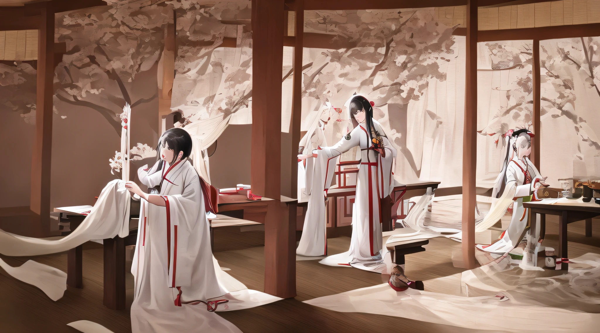 White Hanfu, Wearing ancient Chinese clothes, with acient chinese clothes, Hanfu, Palace ,Flowing white robe, Traditional Chinese clothing, dressed in simple robes, flowing hair and long robes, wearing a long flowing robe, Flowing robes, Chinese costume, There is a way to go,Half of the picture is a textile machine,The other half is the road