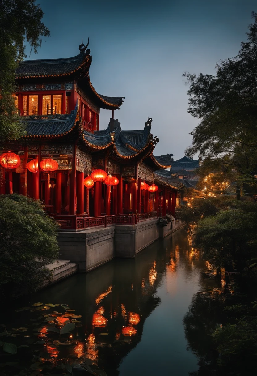 China-style、palaces、bird's eyes view、Dense houses、High contrast