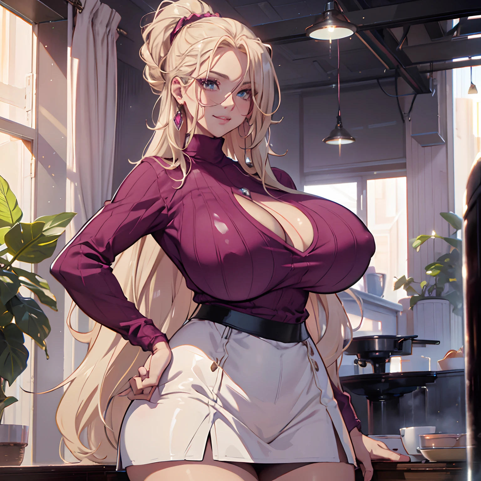 (8k, RAW photo, photorealistic:1.25) ,( lipgloss, eyelashes, gloss-face, glossy skin, best quality, ultra highres, depth of field, chromatic aberration, caustics, Broad lighting, natural shading,Kpop idol) looking at viewer with a serene and goddess-like happiness, A beautiful arrogant, rich, snobby girl with Long wavy blonde hair with a pink headband, blue eyes, plump glossy pink lips, perfect huge breasts, wearing a pink turtleneck with a medium cleavage slit, the pink turtleneck with medium cleveage slit tucked into white mini skirt, diamond earrings, Diamond necklace, Posing with right on her hip and left hand resting to on the kitchen counter while with a cocky smirk at viewer, masterpiece, detailed, 4k, perfect hands, expensive background, kitchen, sexy