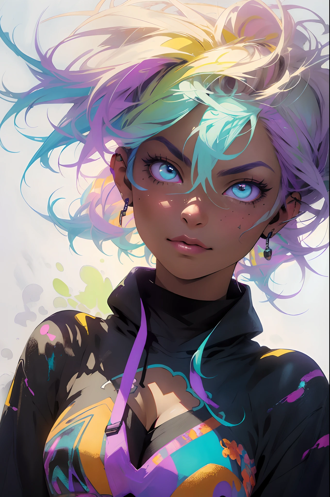 The most beautiful and sexy punk rock girl, rainbow colored hair, vibrant yellow eyes, long detailed eyelashes, huge enormously gigantic tits, cleavage showing, wearing highly detailed hoodie graphict-shirt and torn skinny jeans, tons of tattoos and piercings, melancholy lighting, quiet, calm, brightness, masterpiece, best quality, 1man, (JinxLol:1.2), (ultra photorealistic:1.3), (masterpiece:1.4), best quality, ((realistic)), high quality, ultra detailed, ((real image)), ((realistic skin)), ((realistic face)),(illustration:1.05), (beautiful:1.05), (beautiful detailed eyes:1.05), (cinematic light:1.1), light blue highlights, full body, paint splatter graffiti background