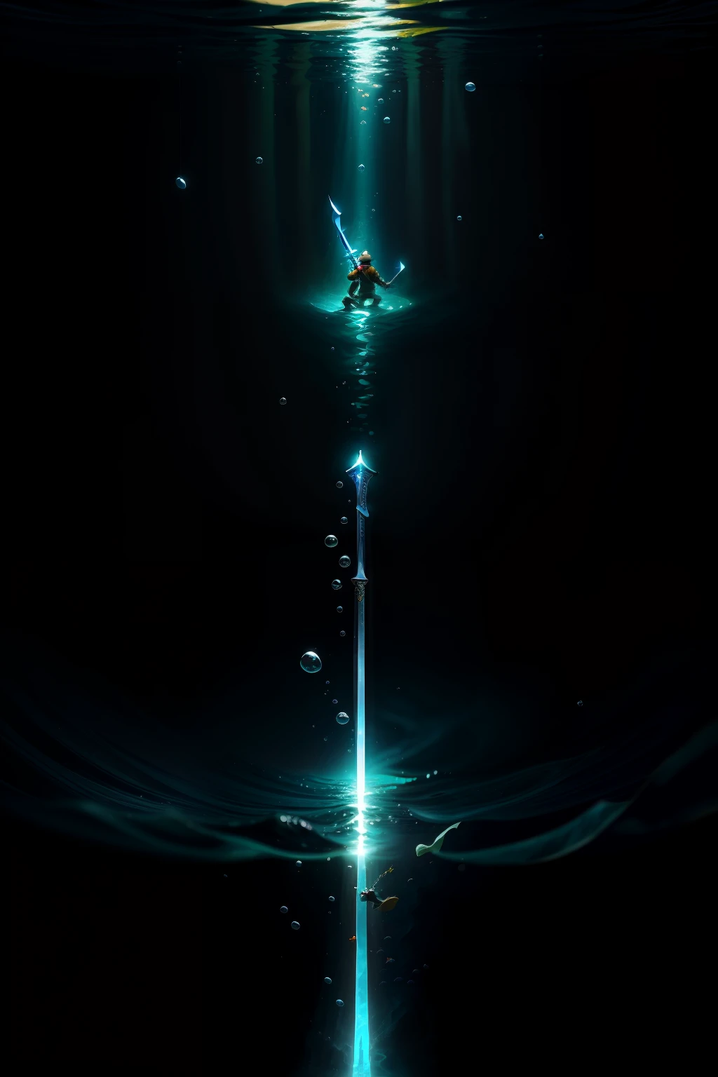 A film inspired by Disney Pixar featuring a guy with a sword underwater with the words deepwoken.