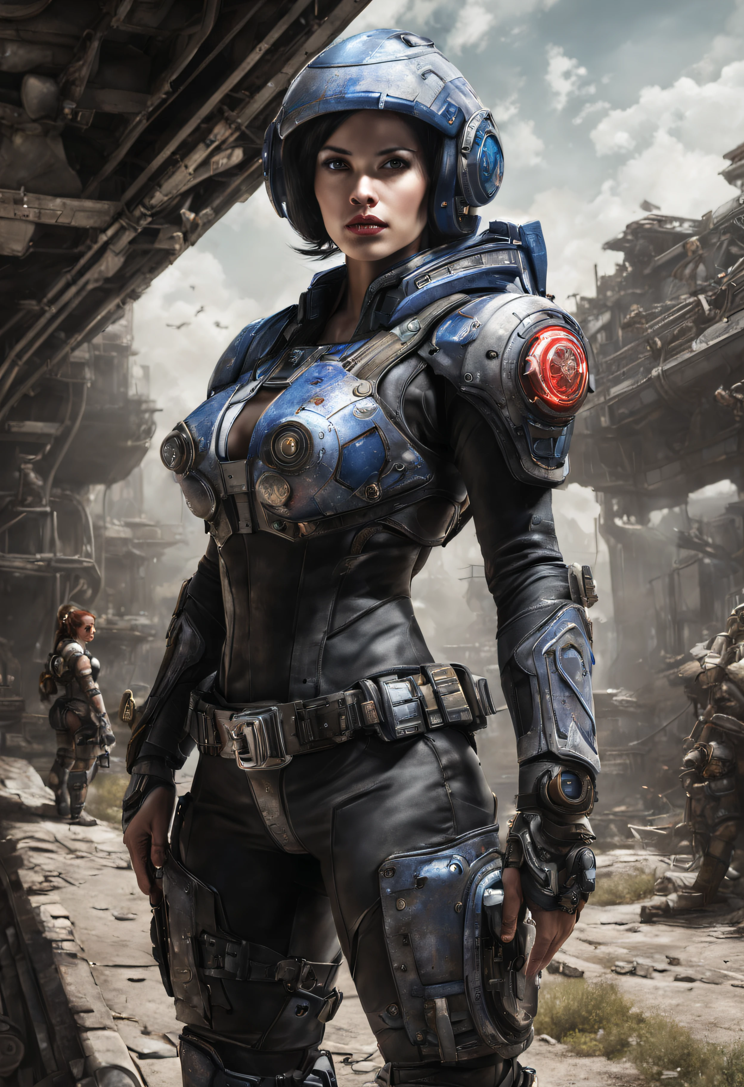 Sophi turner is infected by a Gene Stealer in warhammer 40k ( ragged clothes, 4 large chitinous arms ending in 3 large claws, 4 eyes on the right side of her head, insanely large mouth full of red sharp teeth, long purple tapered tongue, extra powerful legs,skin mottled with ugly chitinous patches, tattered blue uniform of the Astra Militarum), she is poised over a pool of water catching mutant fish in her clawed hands, ruined sci fi gothic city