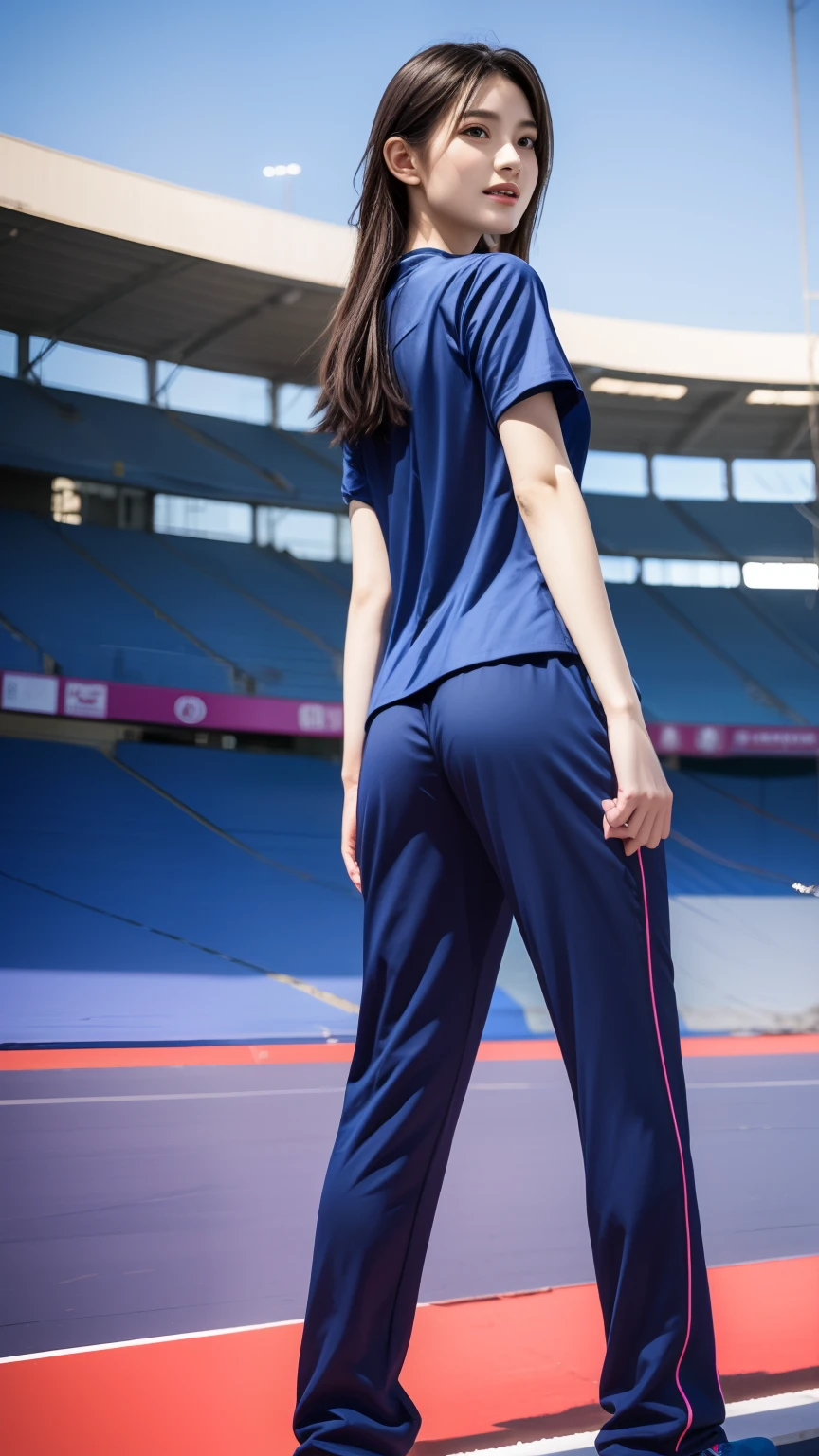 (bestquality,10,10,highres,masterpiece:1.2),ultra-detail,(Realistic,photorealistic portrait,photo-realistic:1.37),1 Cute girl in the football field,oily shiny skin,bara,light smile,BDclothes,((blue shirt:1.3)),short sleeves,shirt, trousers.,(navy_long_Pants Track:1.1), ((Stadium Background:1.3)),dynamic angle,excited,face focus,Dynamic Poses,from behide,Ass Focus,masterpiece, bestquality, ultra realistic, hyper-detail, 8k resolution, RAW photo, crisp focus, ((Navy blue shirt:1.1)), short sleeves, Long Path, Perfect body, 2 mature women, 18yo, cinematic light,Blue sweatpants,Gymware,Correct anatomy,Complete body, Correct body, sharp face, Anatomically correct body, full entire body, Realistic gestures, long-haired, Realistic poses,Wear long shorts..............,Long leg span,Shapely,Sculpting Girl, Slender Figure, mannequin mannequins, Shapely, Beautiful body,Blue sweatpants